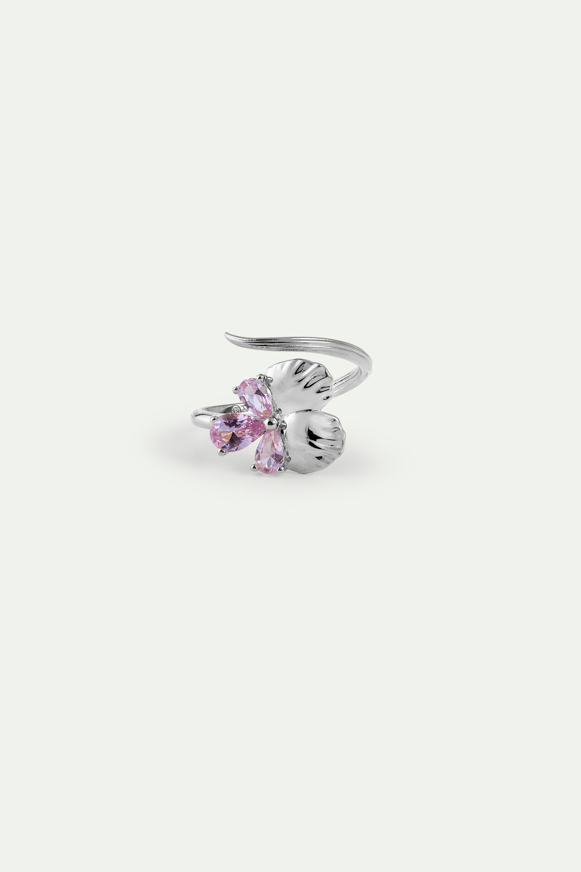 Silver Adjustable Ring With Pansy and Pink Stones | AYNF6021