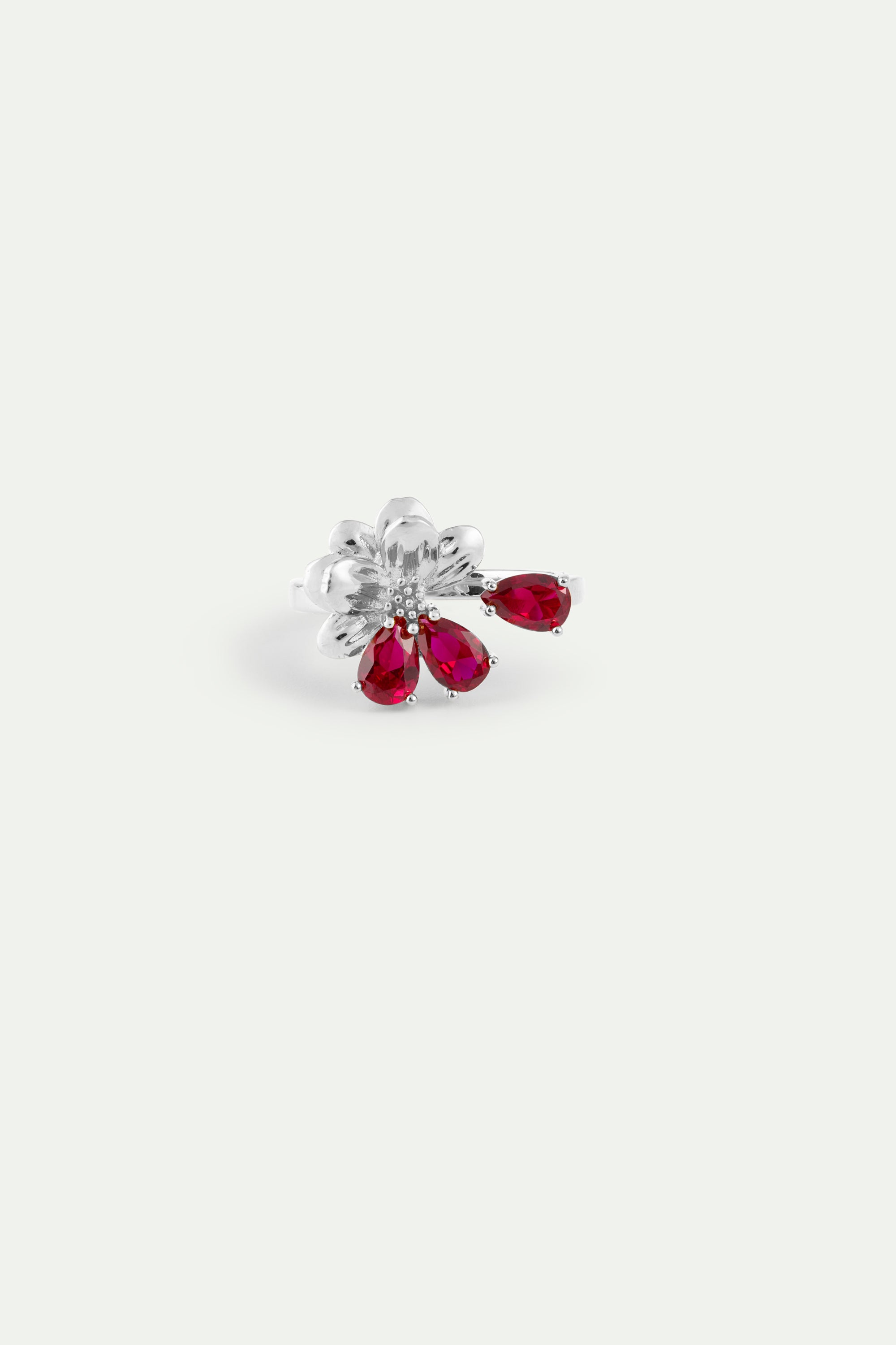 Silver Adjustable Ring With Cosmos and Red Stones | AYNF6081