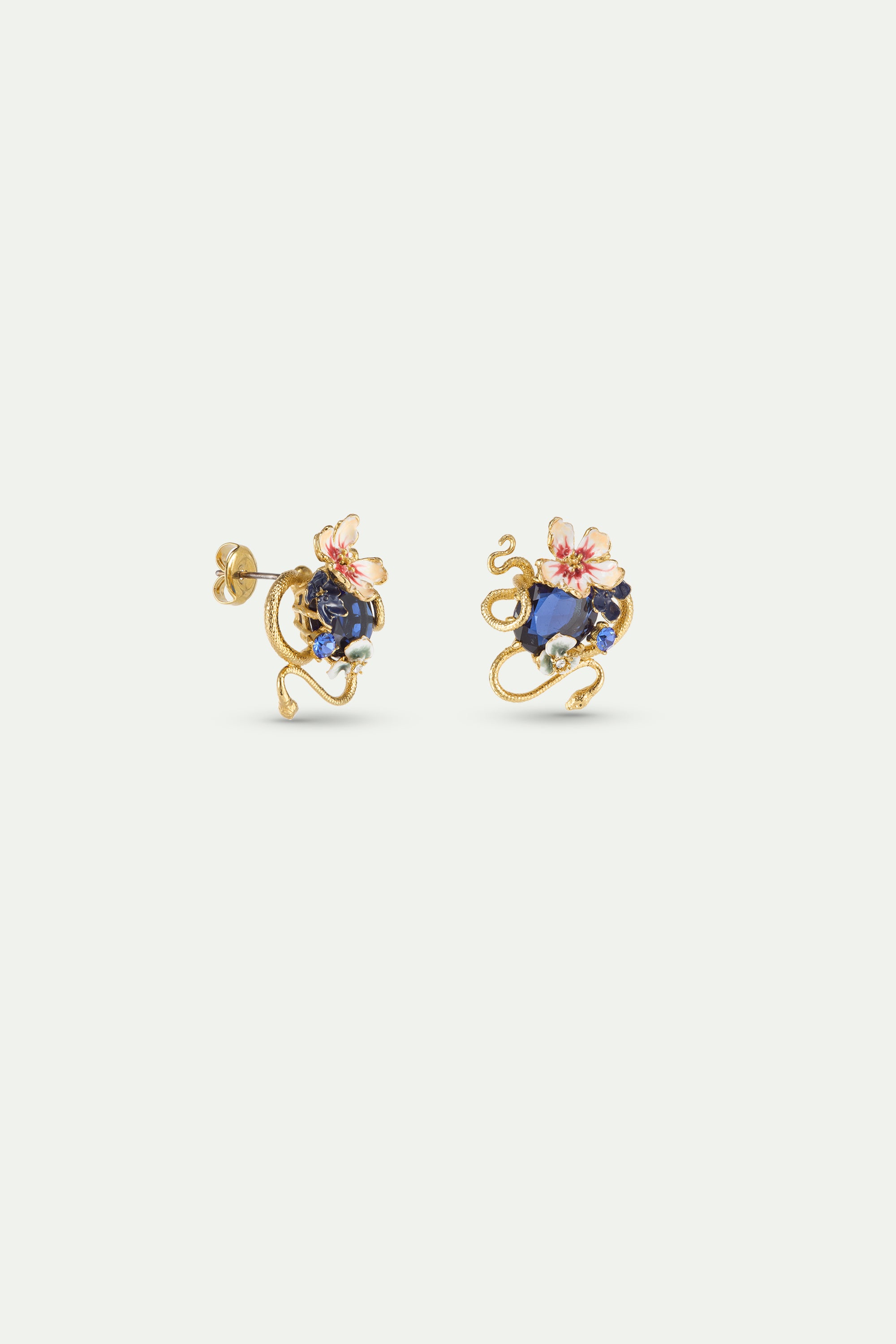 Earrings With Blue Faceted Stone, Gold Snake and Mallow Flowers | AYVA1011