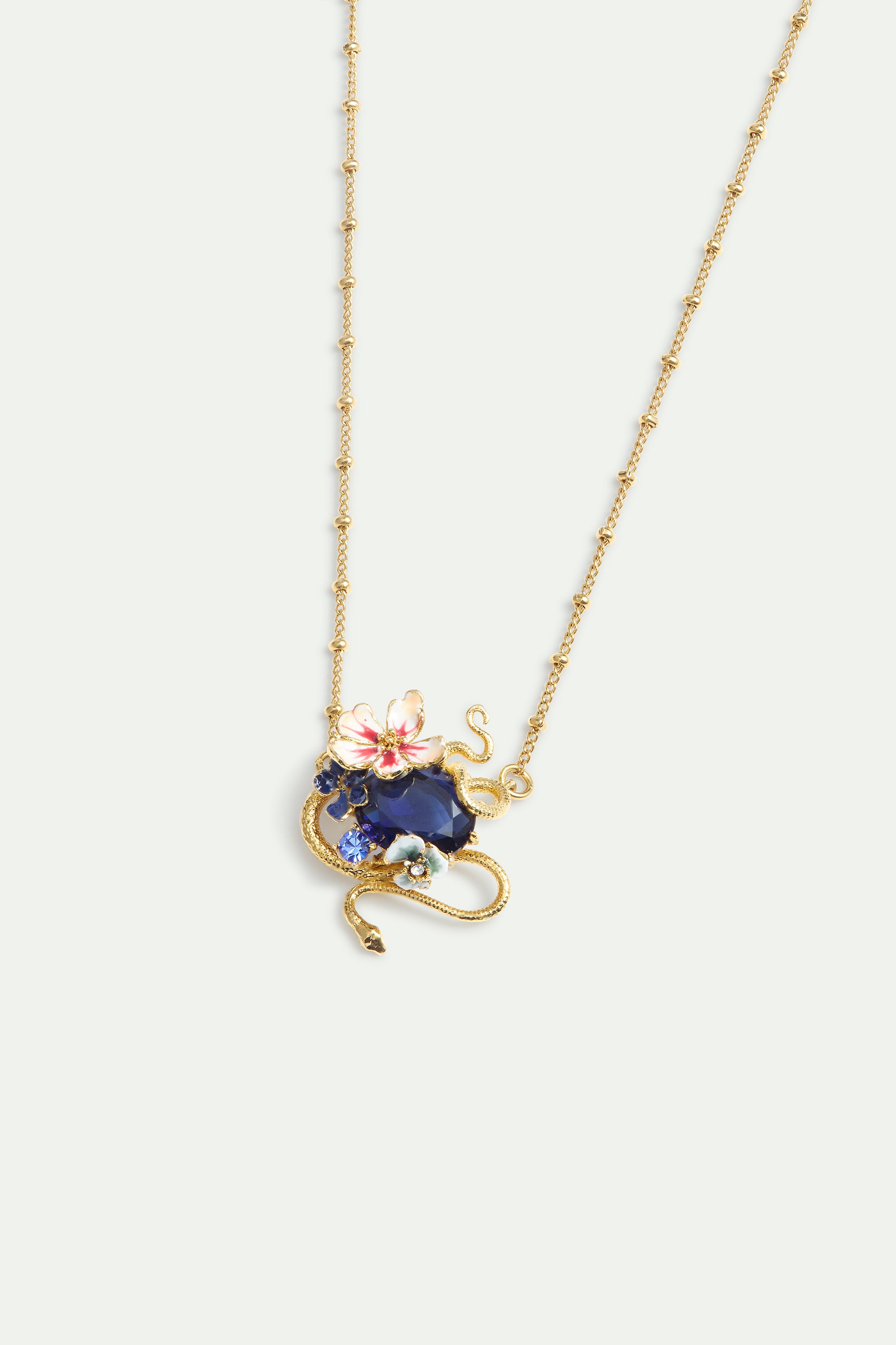 Necklace With Blue Faceted Stone, Gold Snake and Mallow Flowers | AYVA3011