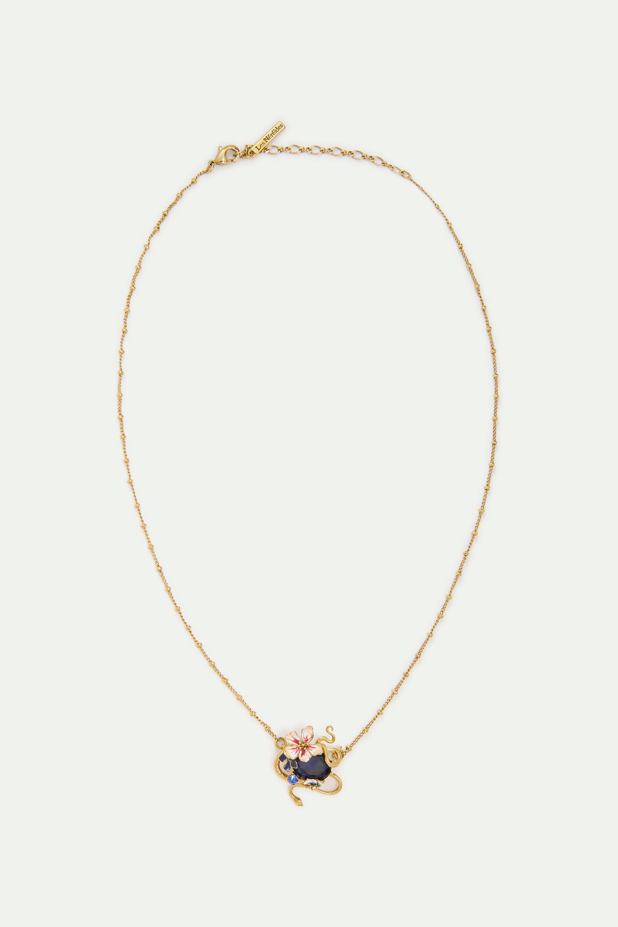 Necklace With Blue Faceted Stone, Gold Snake and Mallow Flowers | AYVA3011