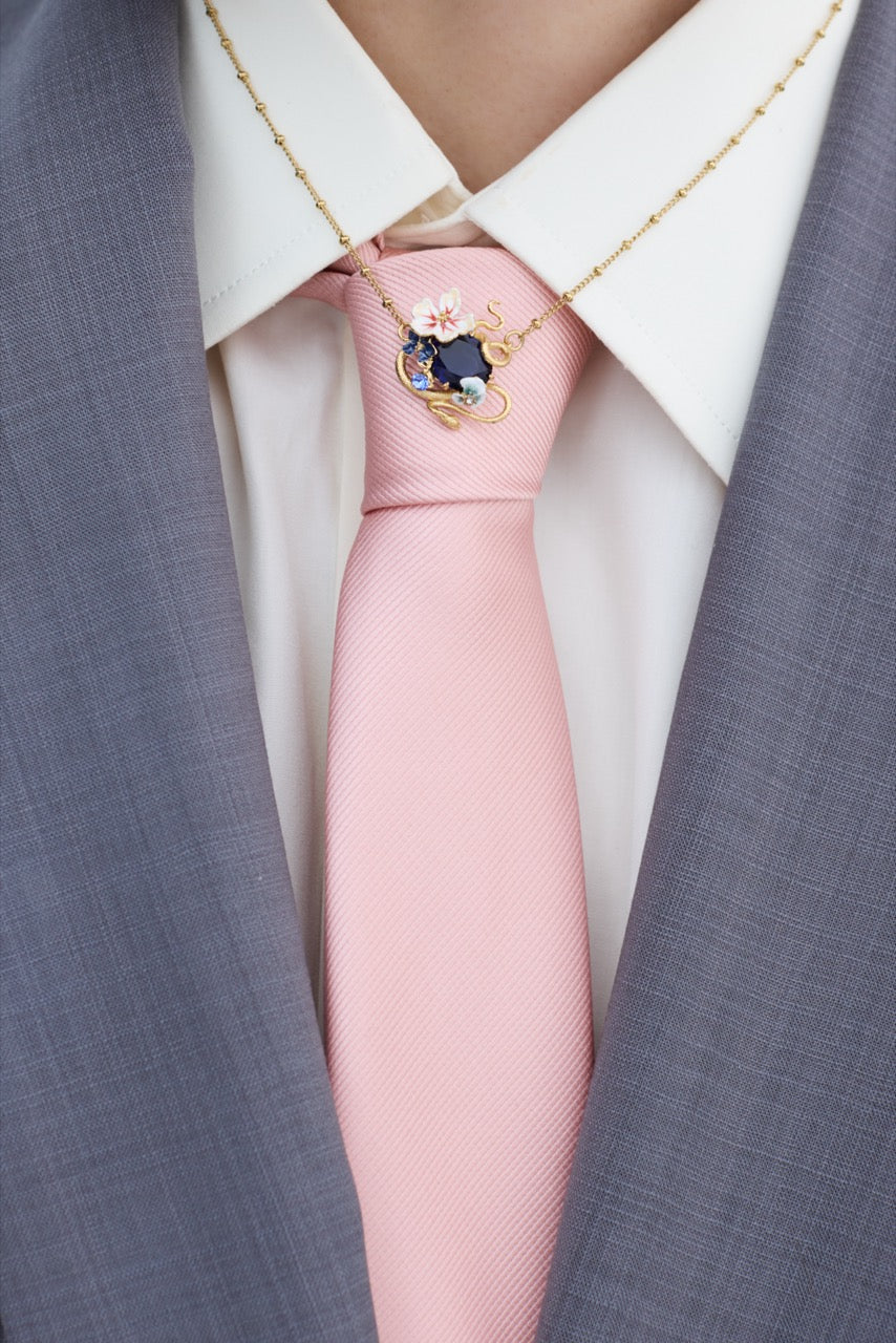 Necklace With Blue Faceted Stone, Gold Snake and Mallow Flowers | AYVA3011