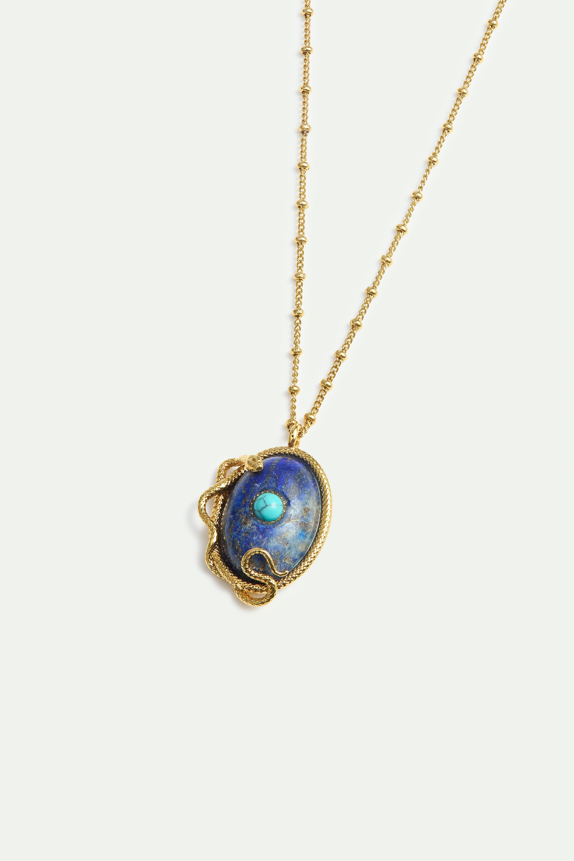 Lapis Lazuli, Turquoise and Gold Snake Pendant Necklace | AYVA3061