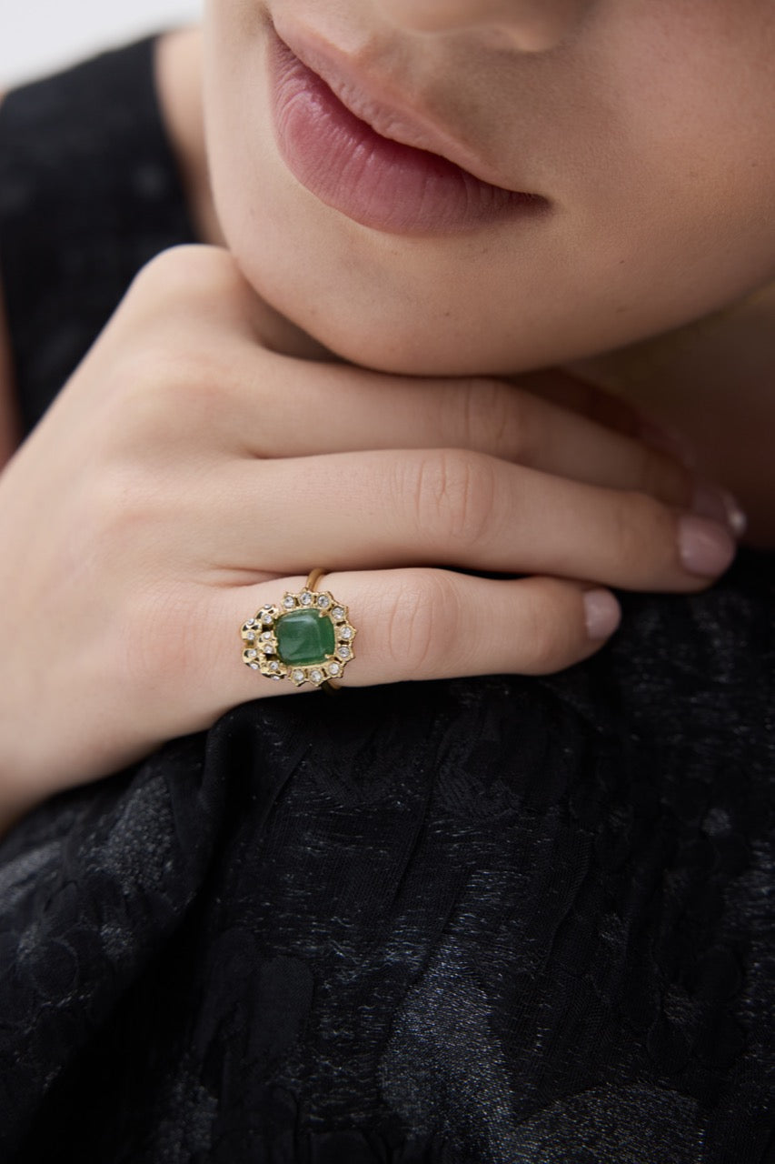 Green Aventurine, Skulls and Crystal Ring | AYVA6041