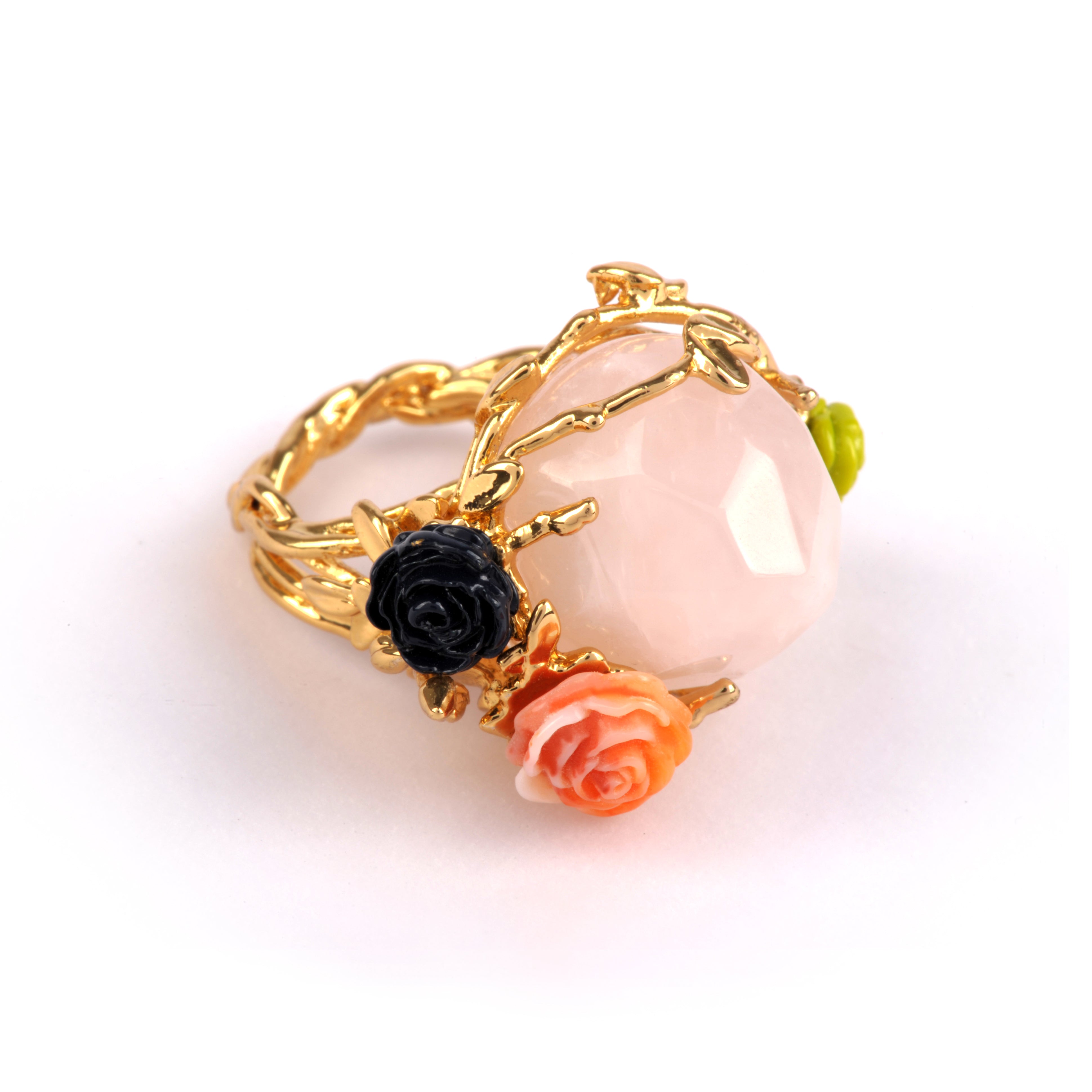 Bague Cristaux de Fleurs Grosse Pierre Avec Cristal Rose Et Rose Mousseuse Rings | YCF601/11