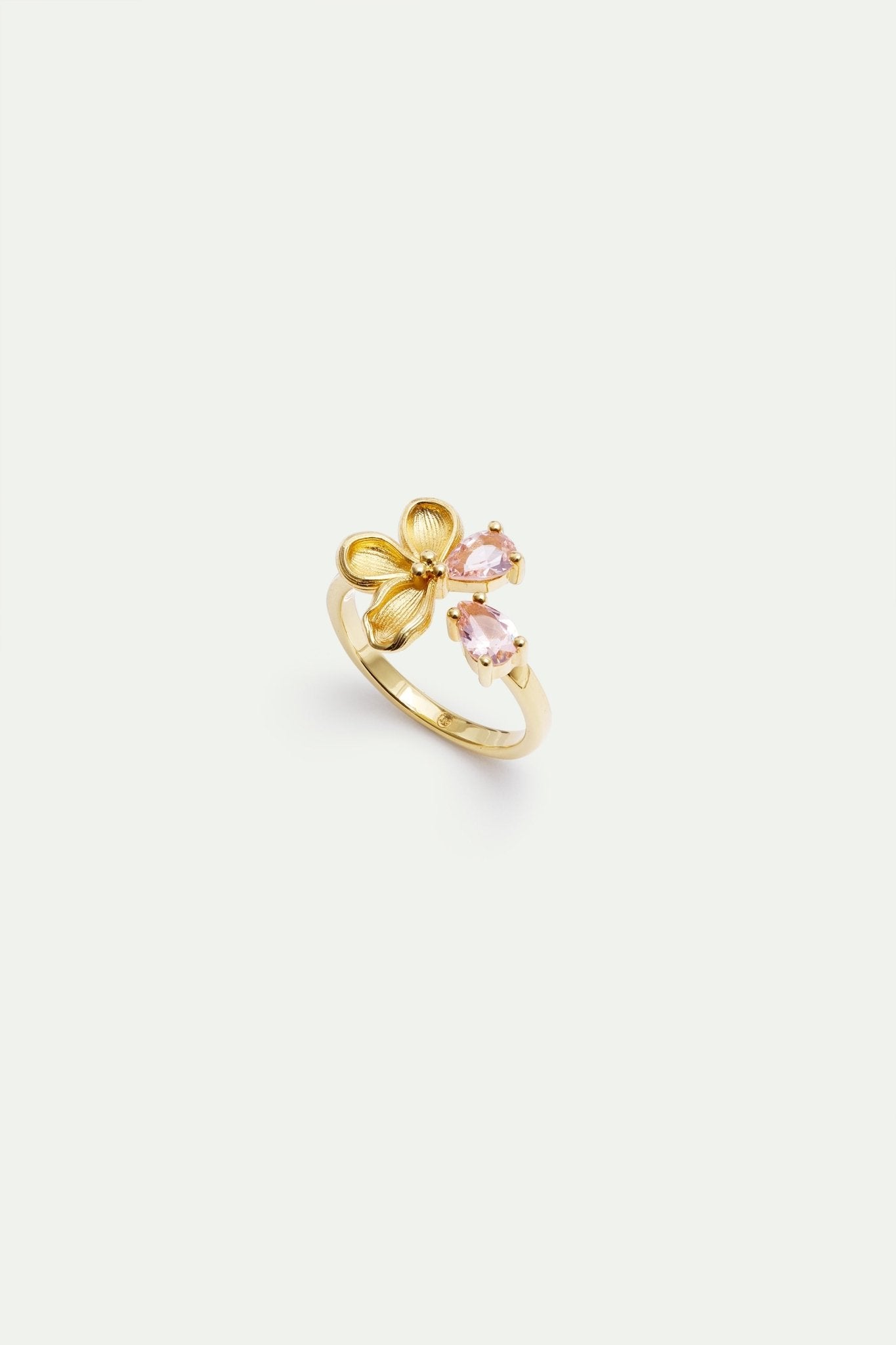 Adjustable Gold Ring With Cherry Blossom And Pink Stones | AXNF6031 - Les Nereides