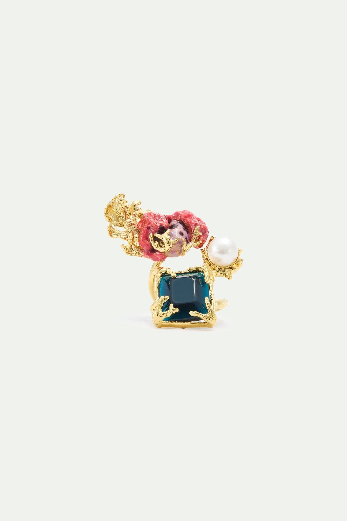 Adjustable Gold Ring With Square Blue Stone, Coral And Pearl | AXMO6021 - Les Nereides