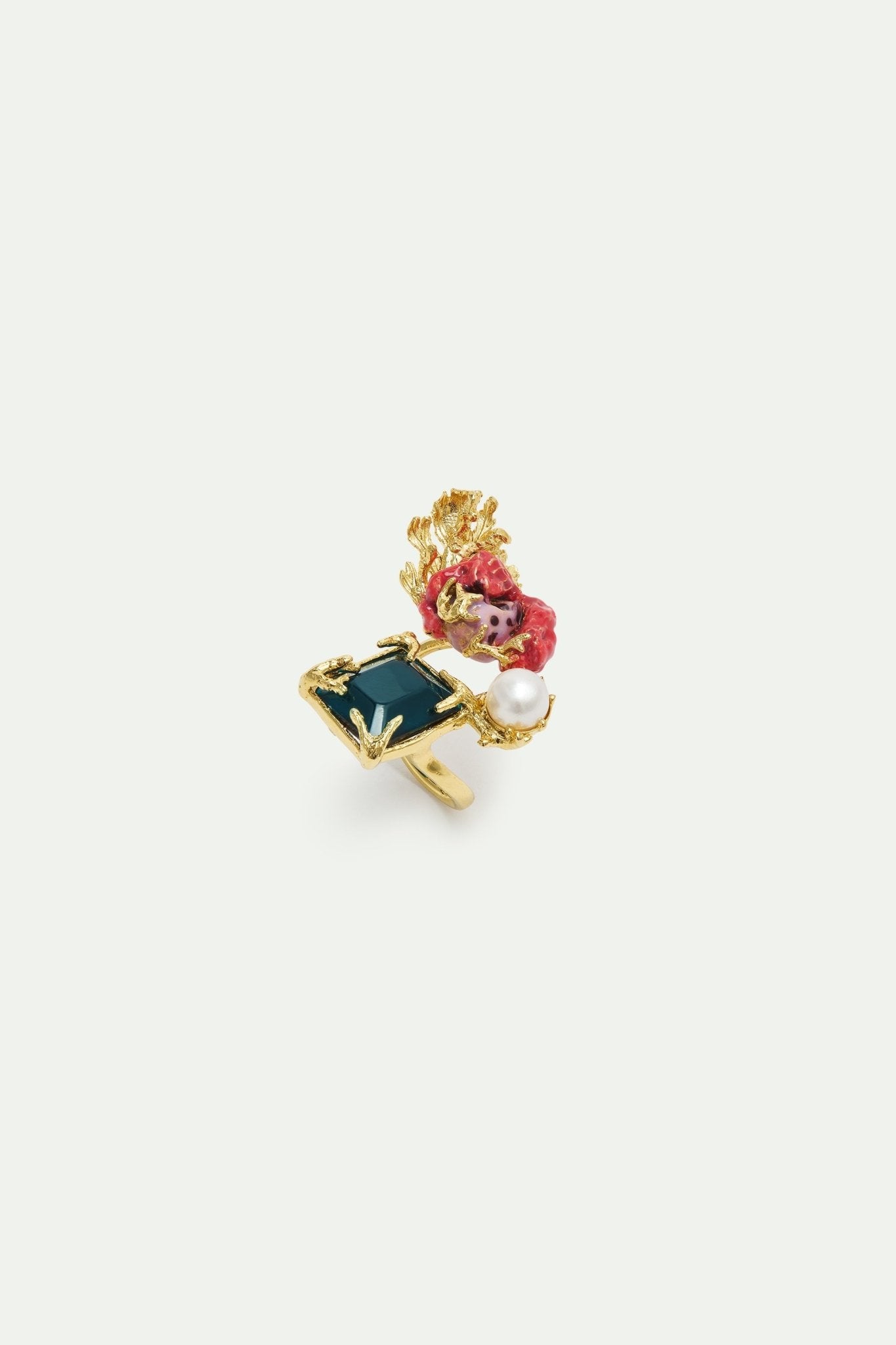 Adjustable Gold Ring With Square Blue Stone, Coral And Pearl | AXMO6021 - Les Nereides