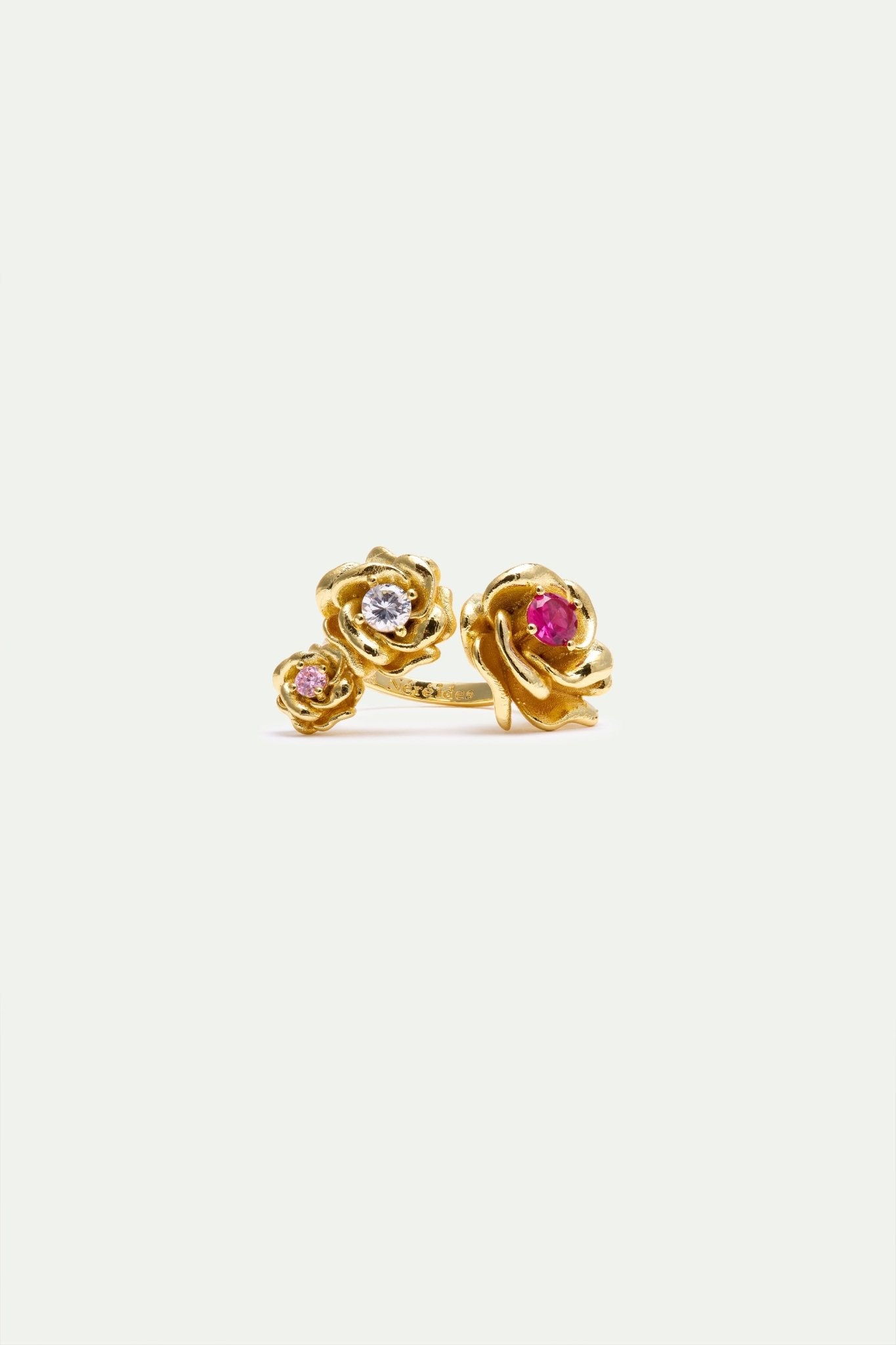 Adjustable Ring With Gold Mona Lisa Roses And Round Stones | AXRF6011 - Les Nereides
