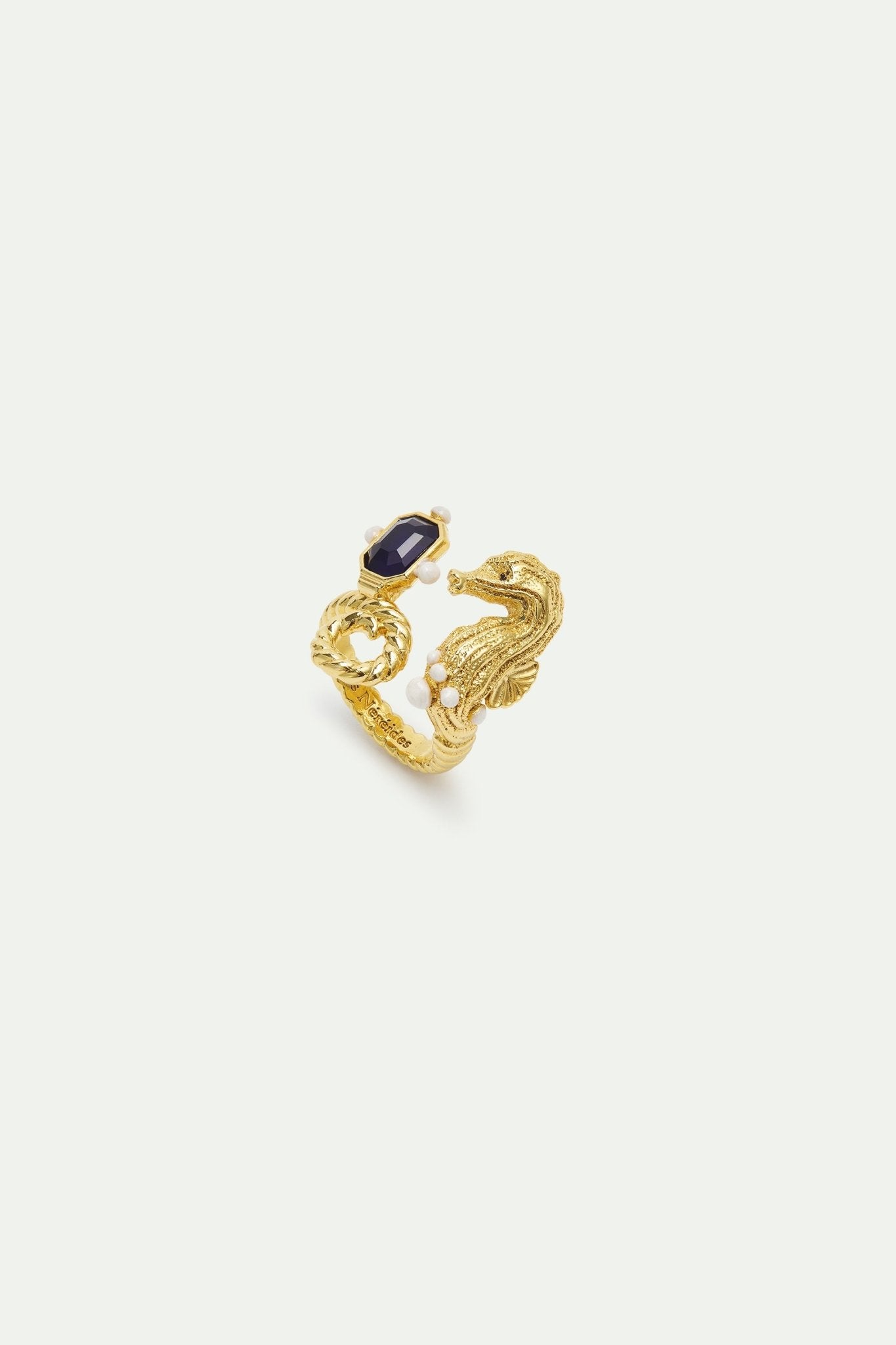 Adjustable Ring With Golden Seahorse And Navy Blue Stone | AXMO6011 - Les Nereides