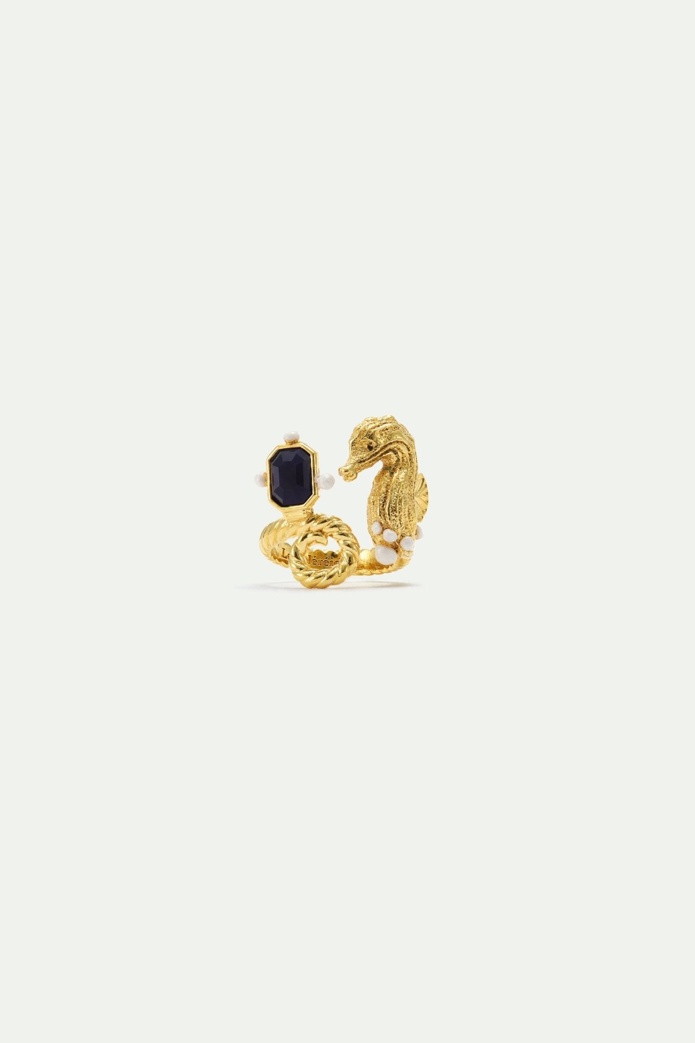 Adjustable Ring With Golden Seahorse And Navy Blue Stone | AXMO6011 - Les Nereides