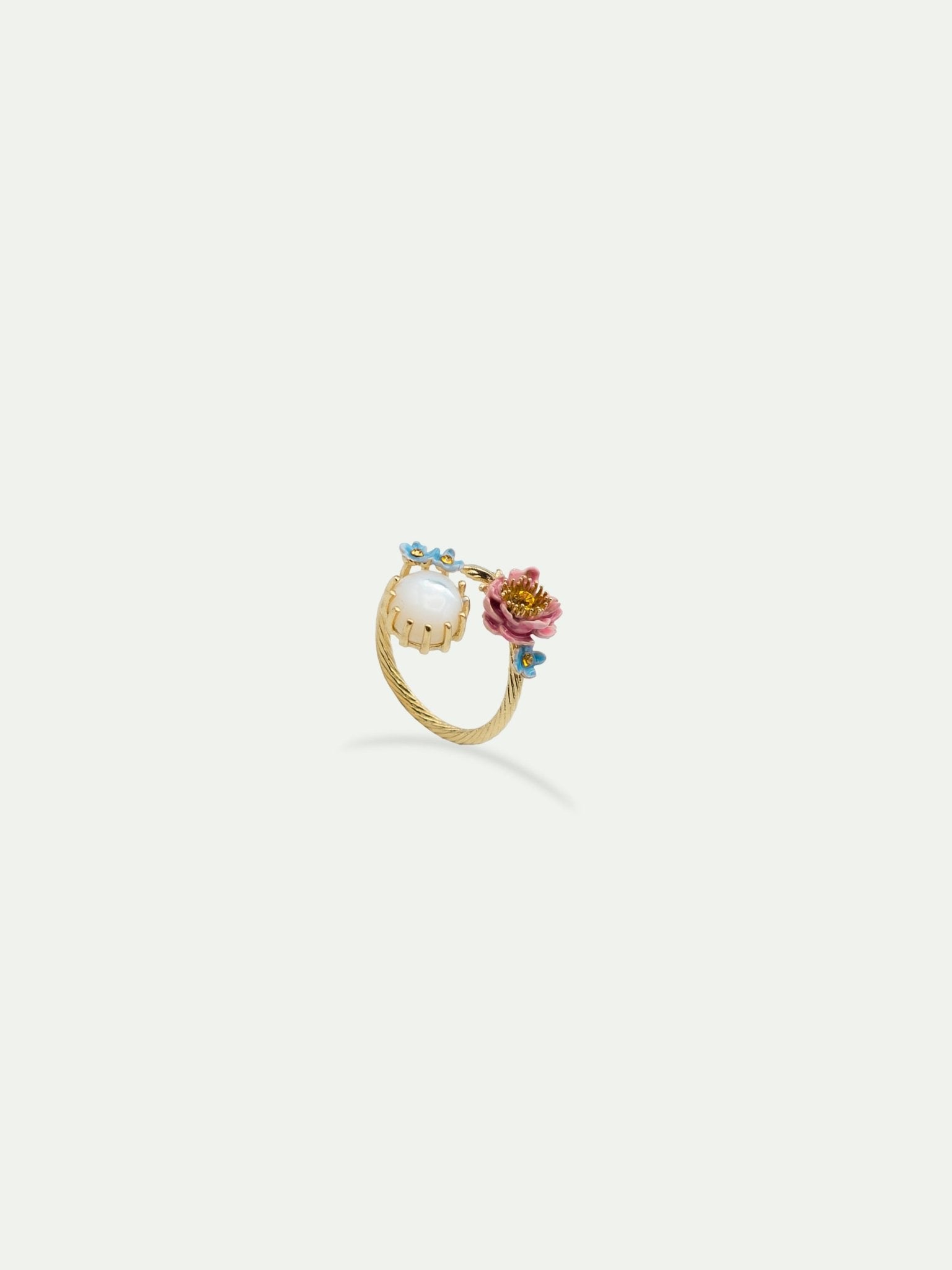 Adjustable ring with pink and blue flowers and round mother of pearl stone | AVVE6011 - Les Nereides
