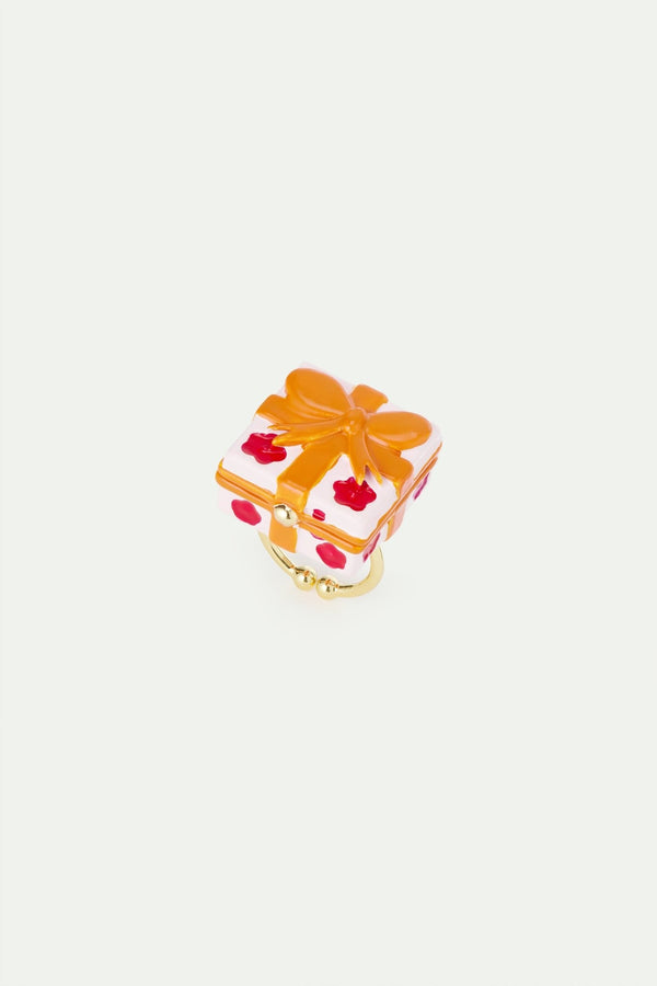 Adjustable Ring With Pink Gift Box, Red Flower And Orange Bow | AWWI6031 - Les Nereides