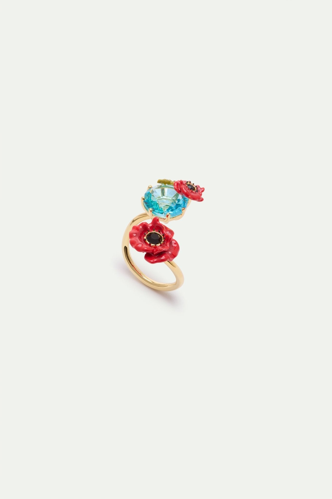 Adjustable Ring With Round Blue Stone And Poppies | AXOC6021 - Les Nereides