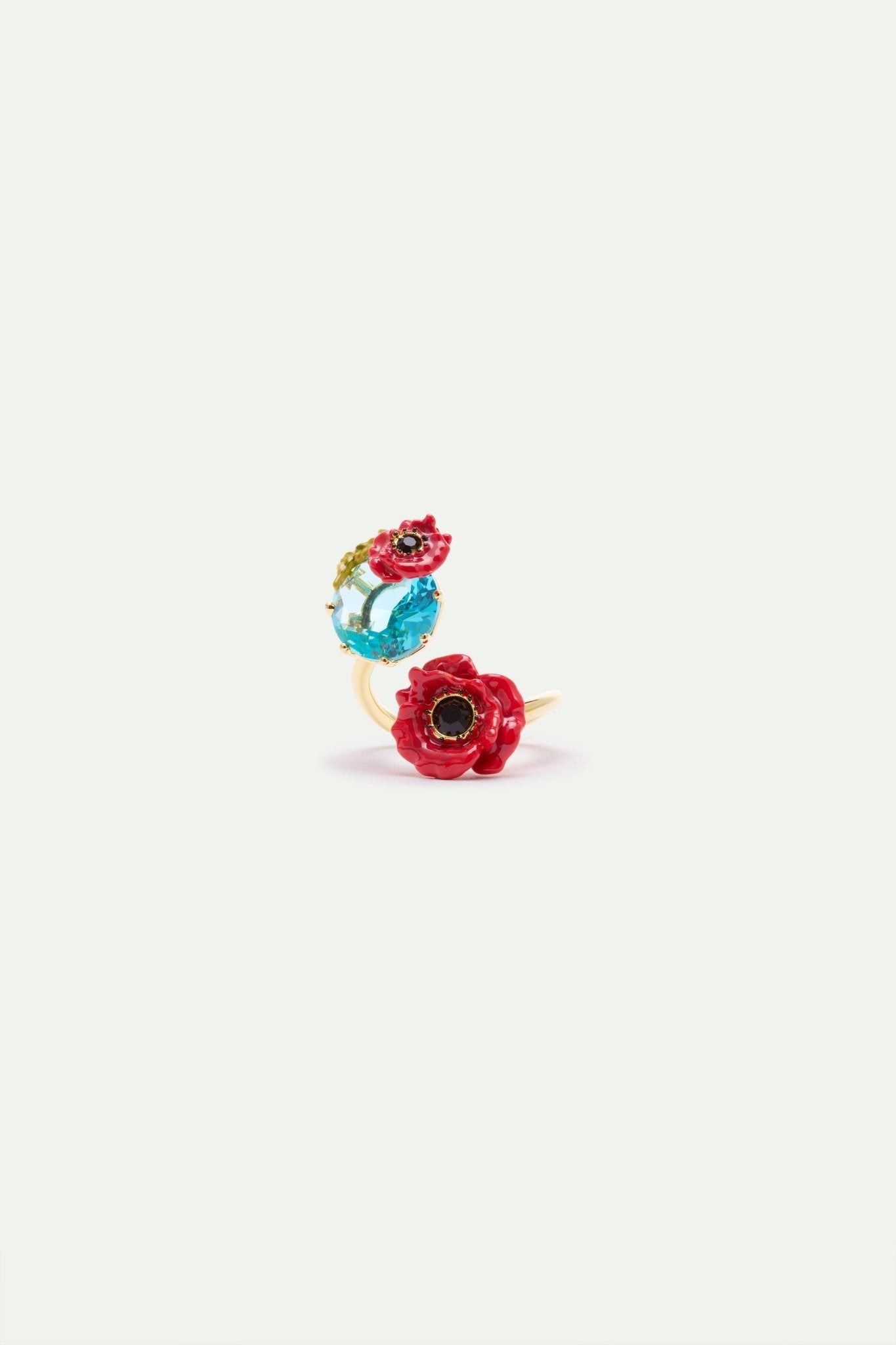 Adjustable Ring With Round Blue Stone And Poppies | AXOC6021 - Les Nereides