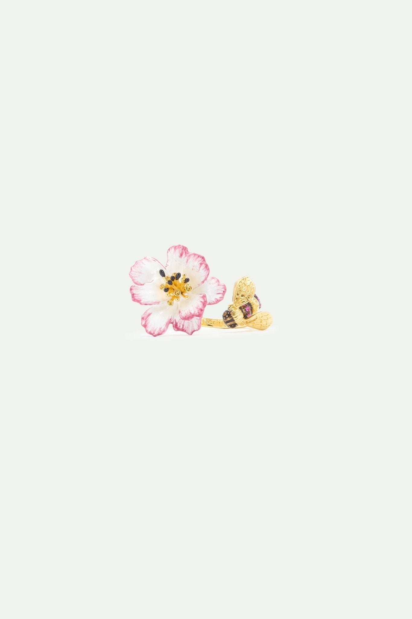 Adjustable Ring With White And Pink Cosmos Flower And Gold Bee | AXAM6011 - Les Nereides