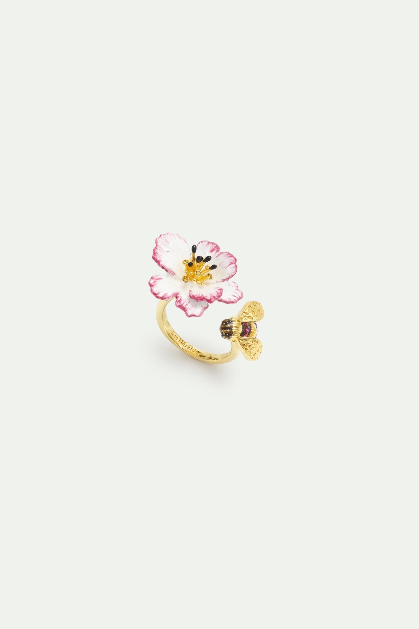 Adjustable Ring With White And Pink Cosmos Flower And Gold Bee | AXAM6011 - Les Nereides