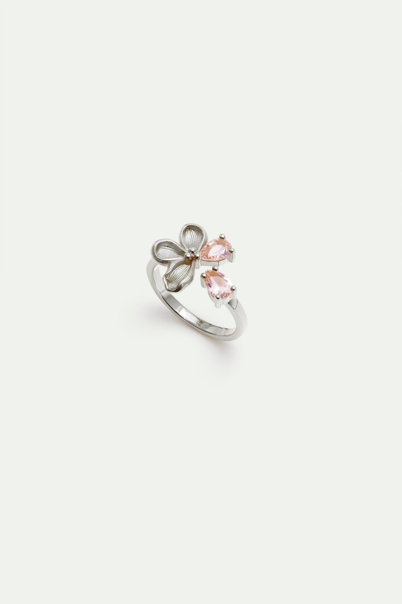 Adjustable Silver Ring With Cherry Blossom And Pink Stones | AXNF6041 - Les Nereides