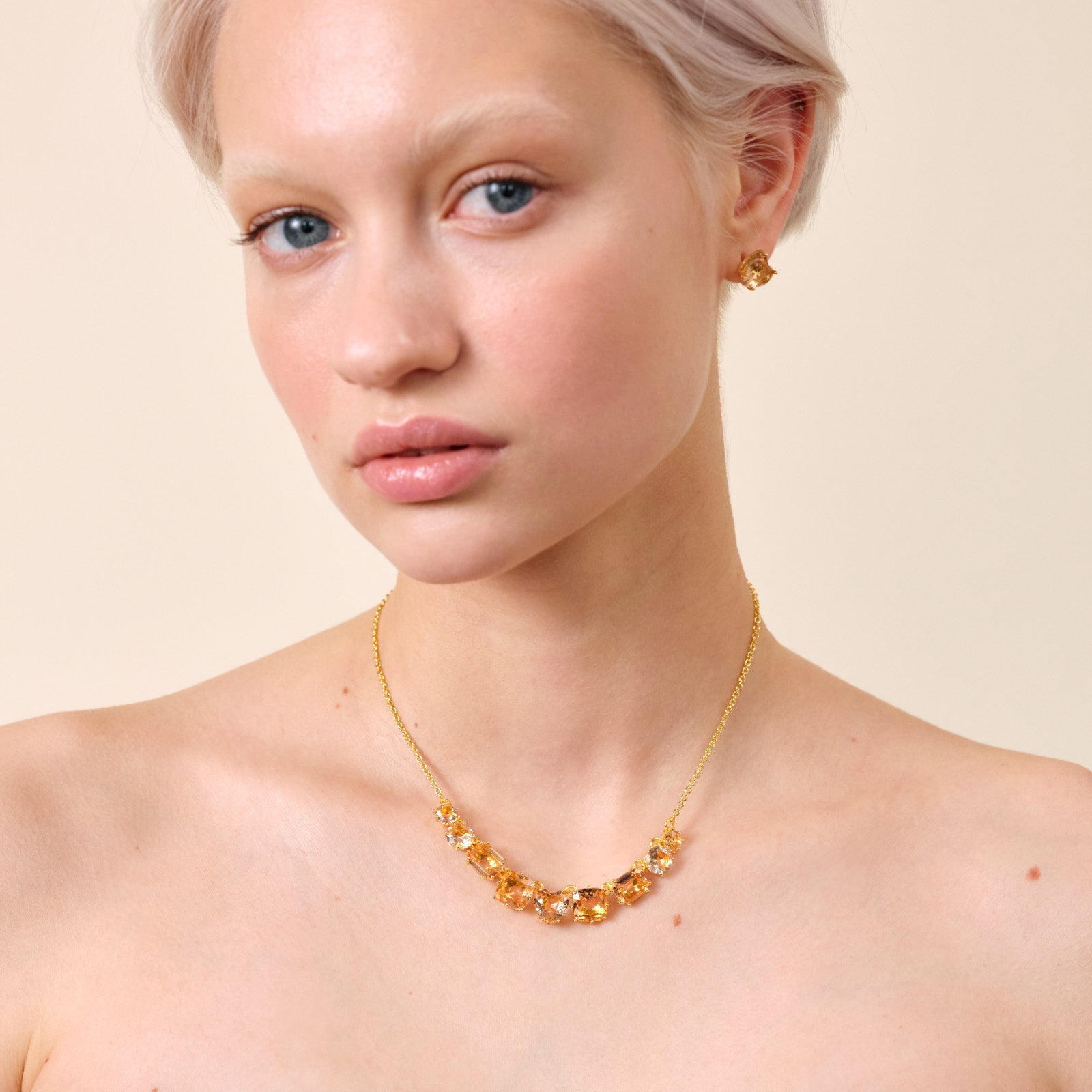 Apricot Pink Diamantine 9 Stone Fine Necklace | ATLD3181 - Les Nereides
