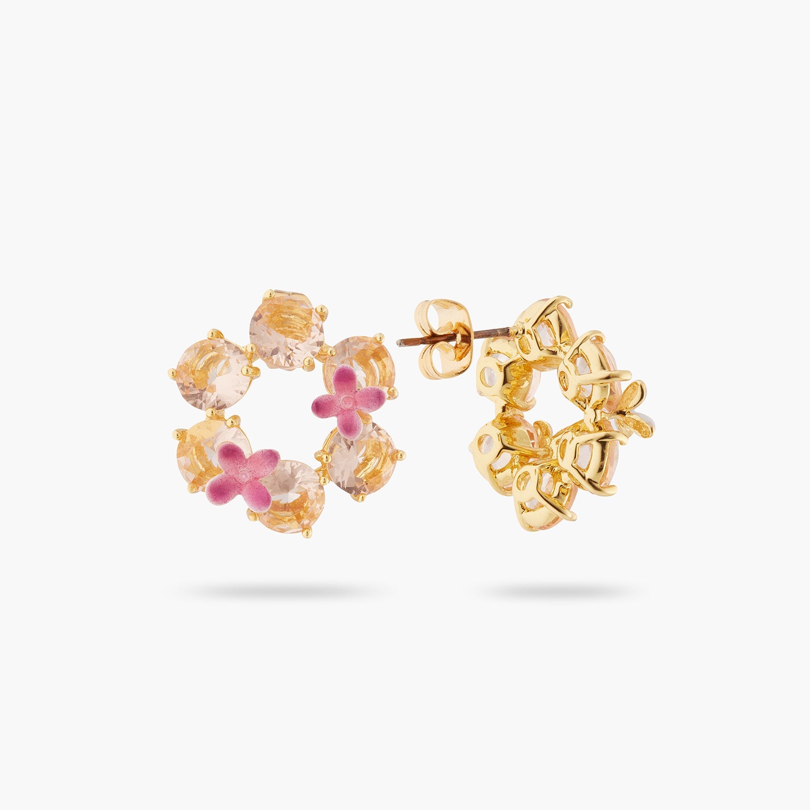 Apricot Pink Diamantine Flower And 6 Round Stone Earrings | ATLD1422 - Les Nereides