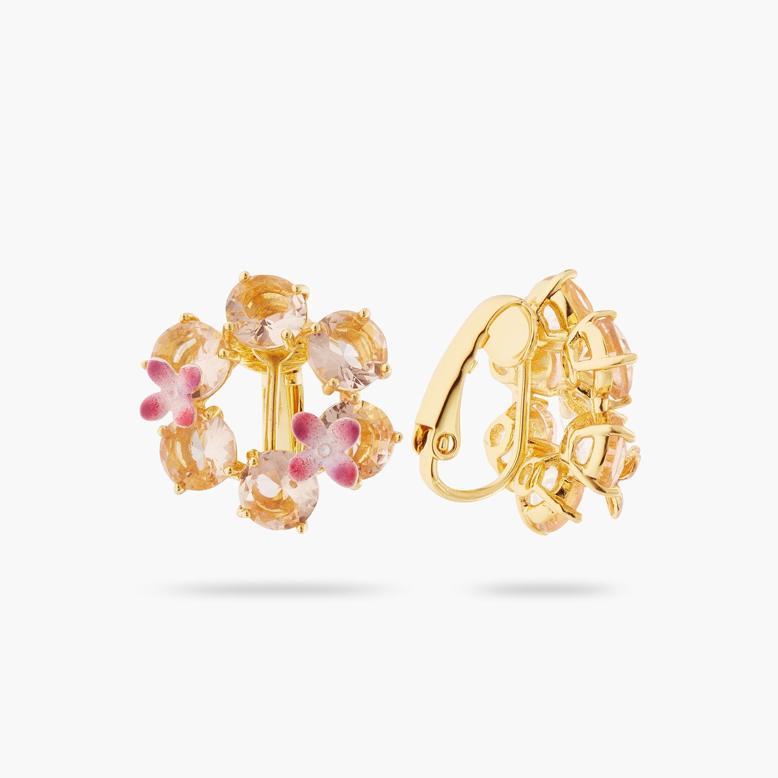 Apricot Pink Diamantine Flower And 6 Round Stone Earrings | ATLD1422 - Les Nereides