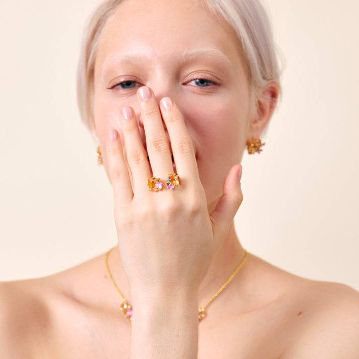 Apricot Pink Diamantine Flower, Heart And Square Stone Ring | ATLD6182 - Les Nereides