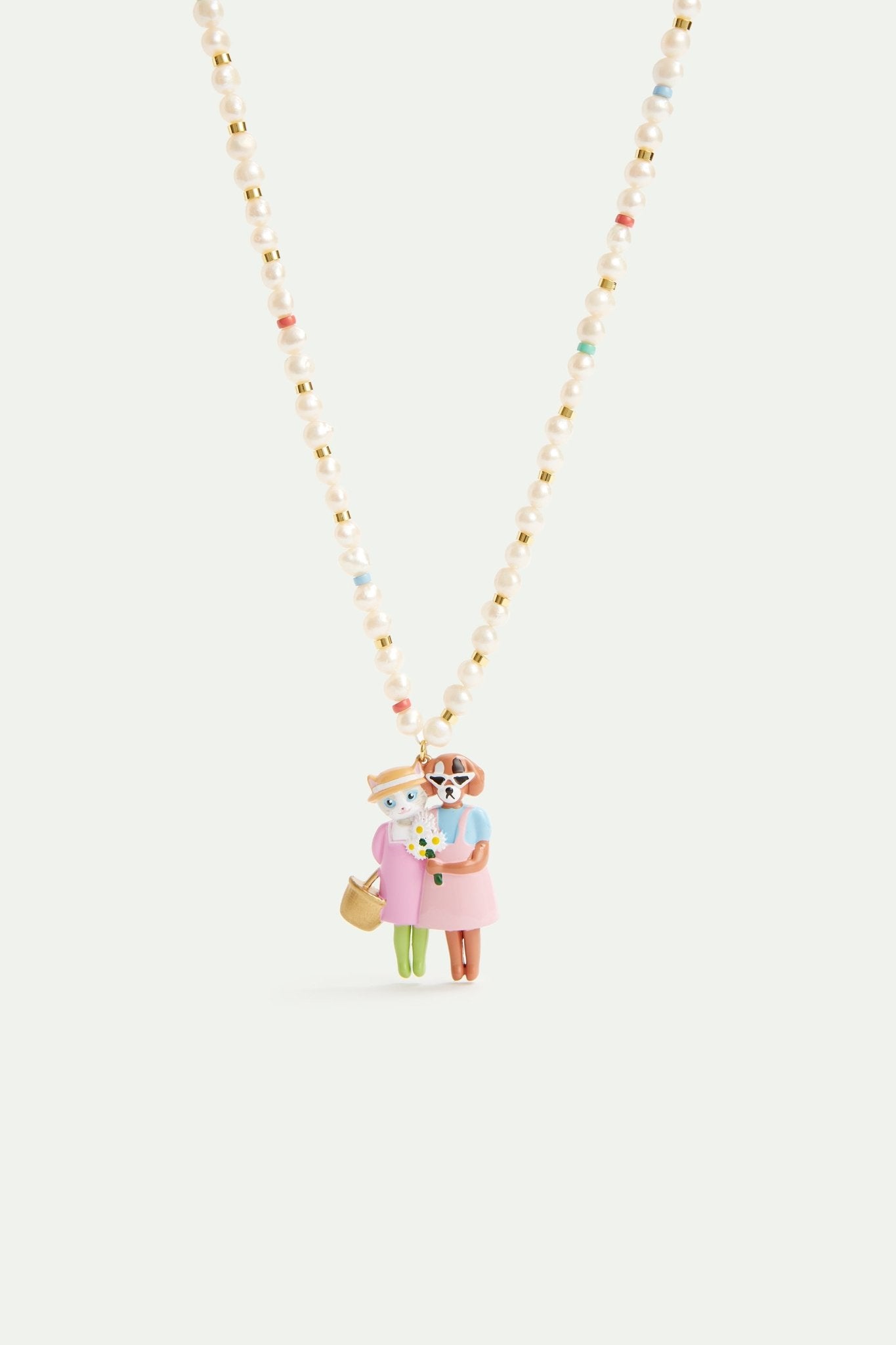 Artificial pearl, cat and dog pendant necklace | AVHP3021 - Les Nereides