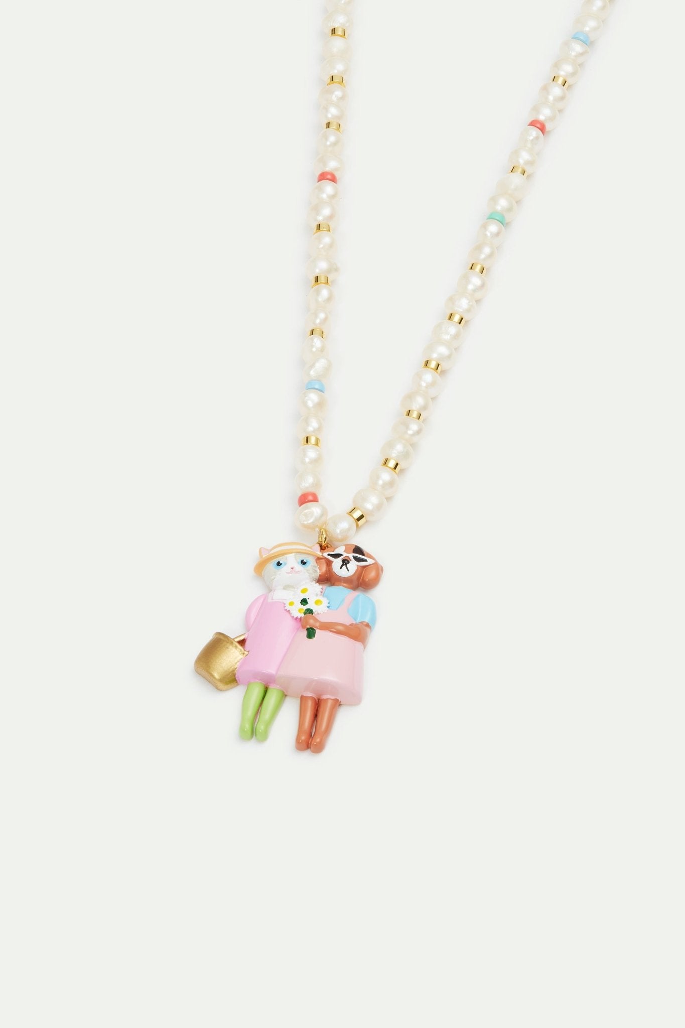 Artificial pearl, cat and dog pendant necklace | AVHP3021 - Les Nereides