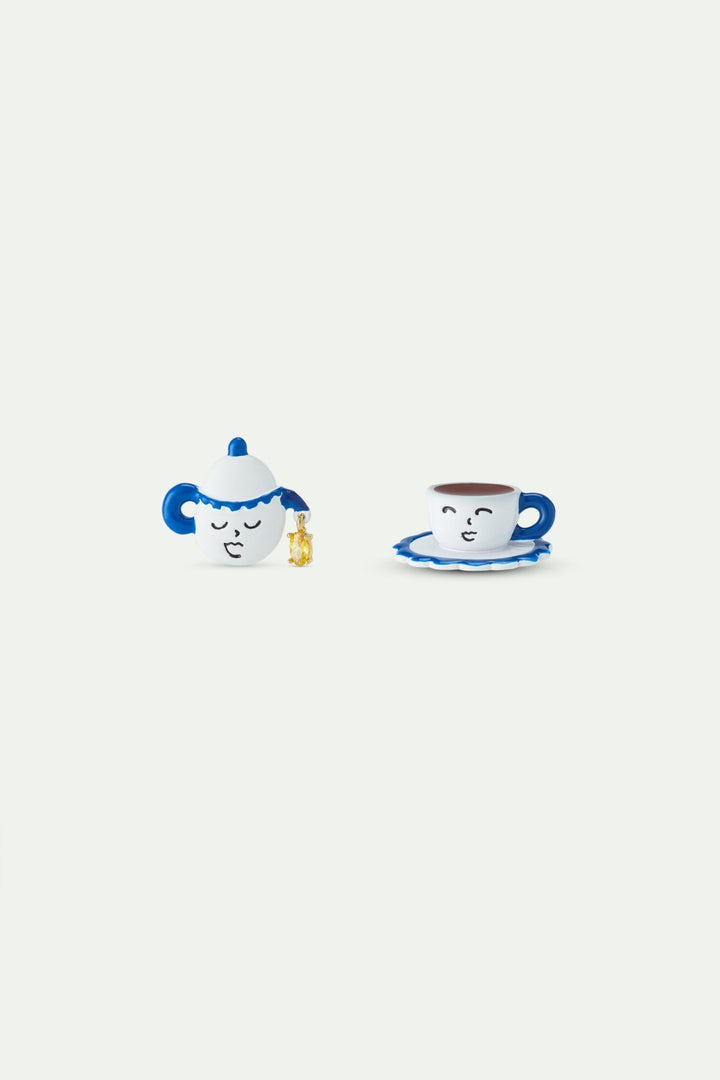 Asymmetric Post Earrings With Blue And White Teapot And Little Yellow Stone | AWWI1031 - Les Nereides