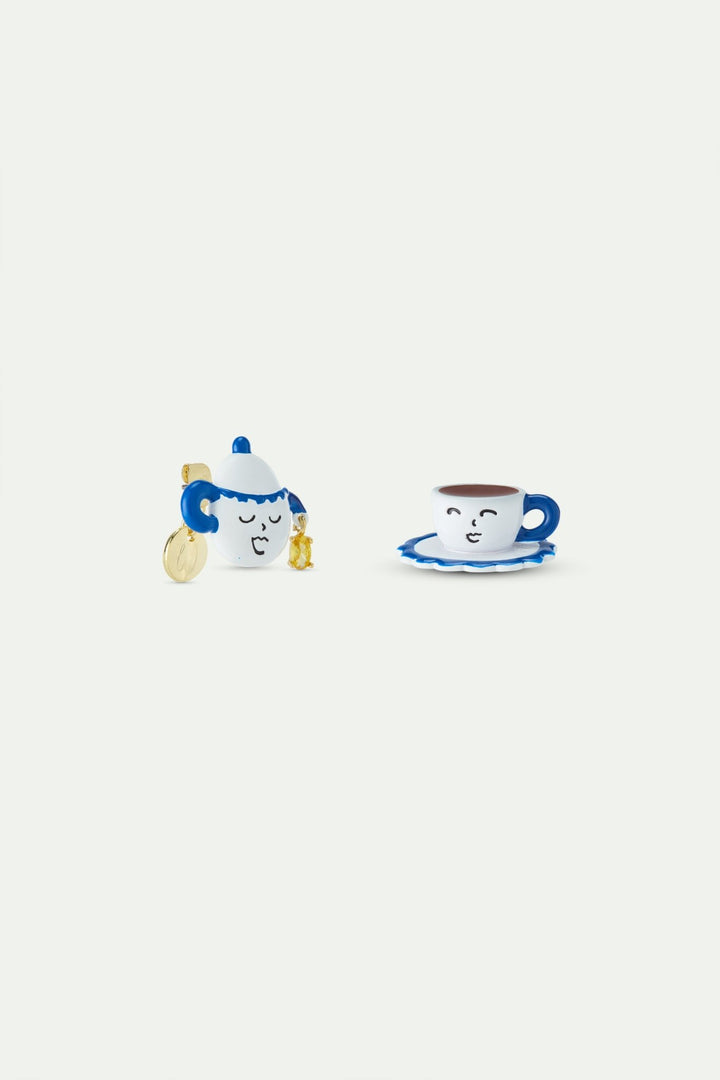 Asymmetric Post Earrings With Blue And White Teapot And Little Yellow Stone | AWWI1031 - Les Nereides