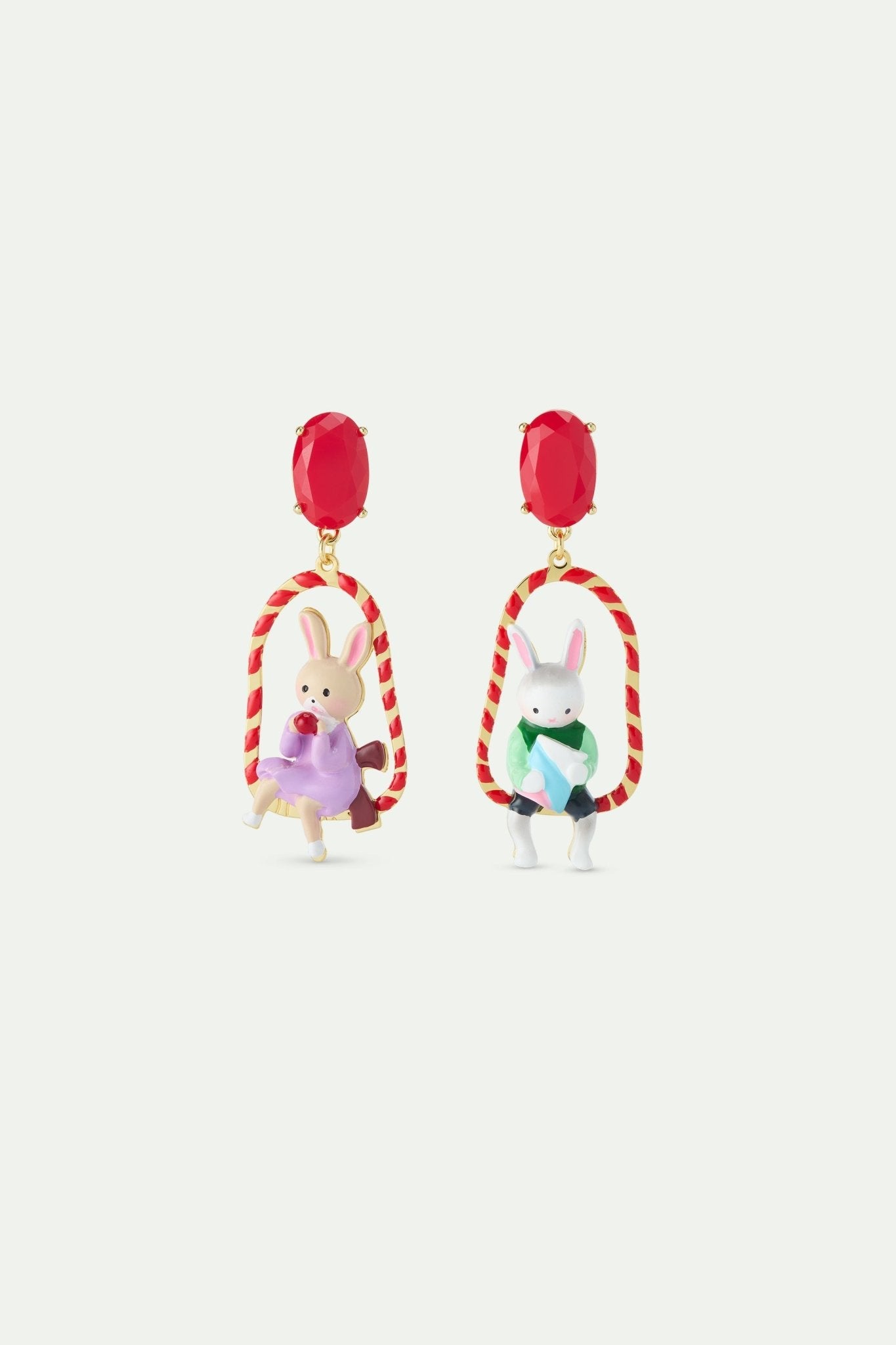 Asymmetrical Dangle Earrings With Rabbit Hansel And Gretel On Red Swing | AWHG1051 - Les Nereides