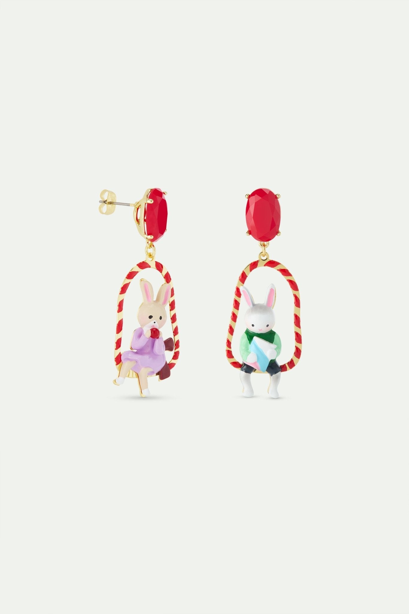 Asymmetrical Dangle Earrings With Rabbit Hansel And Gretel On Red Swing | AWHG1051 - Les Nereides