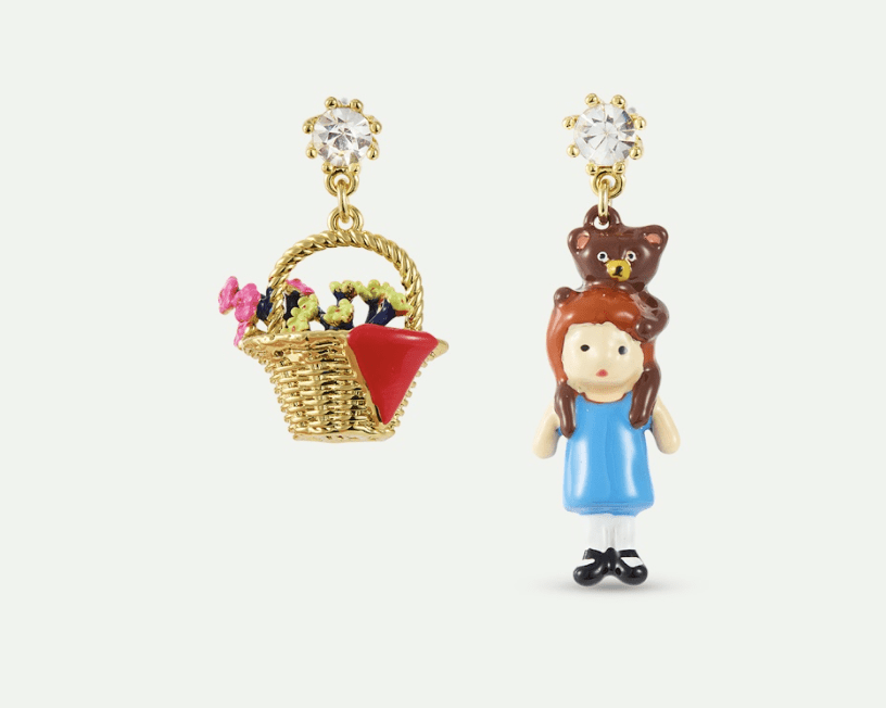 Asymmetrical Earrings With Flower Basket And Goldilocks Design, Faceted Crystal | AXCN1011 - Les Nereides