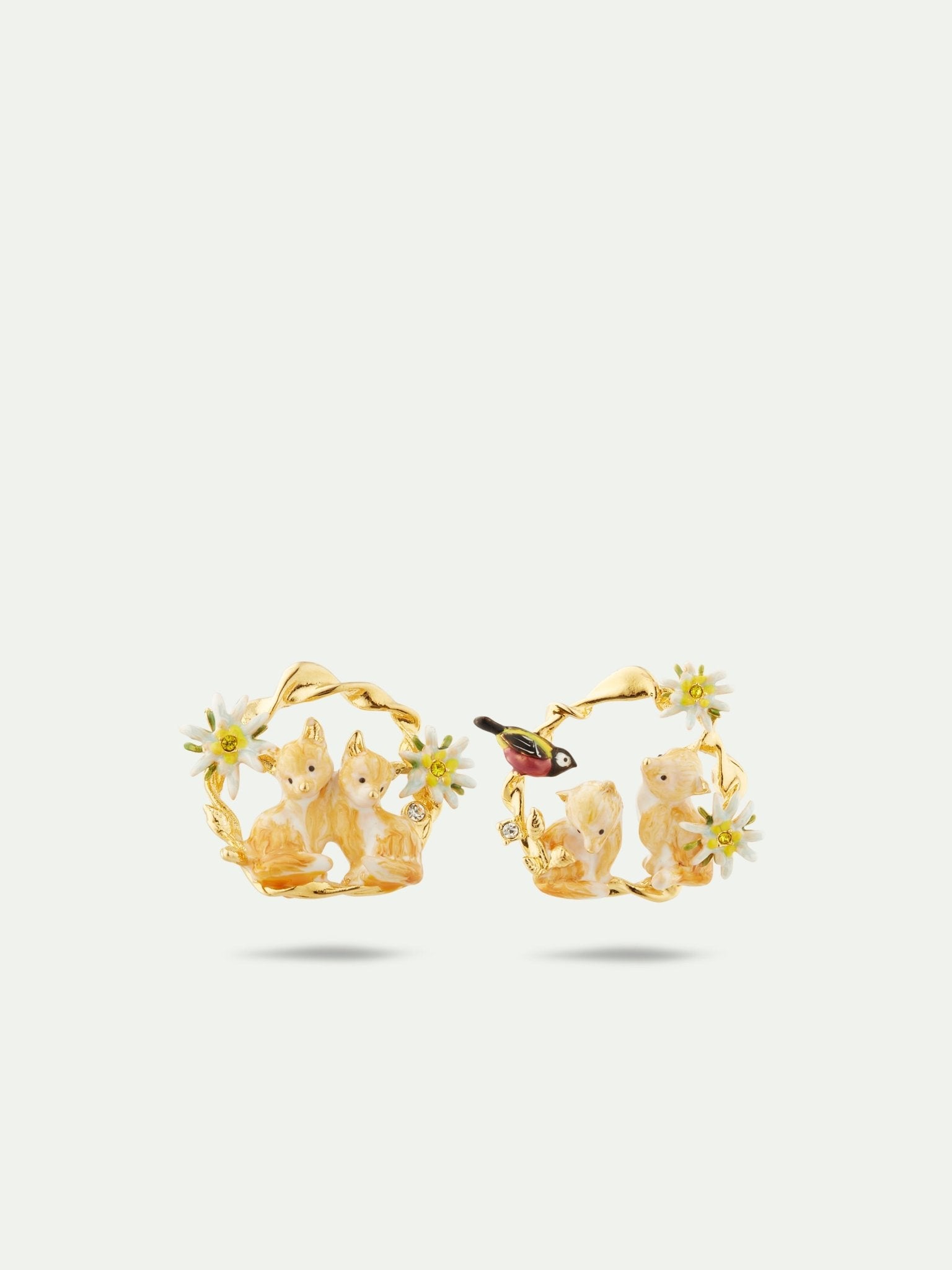 Asymmetrical Edelweiss Flower, Arctic Fox And Varied Tit Hoop Earrings | AULA1051 - Les Nereides