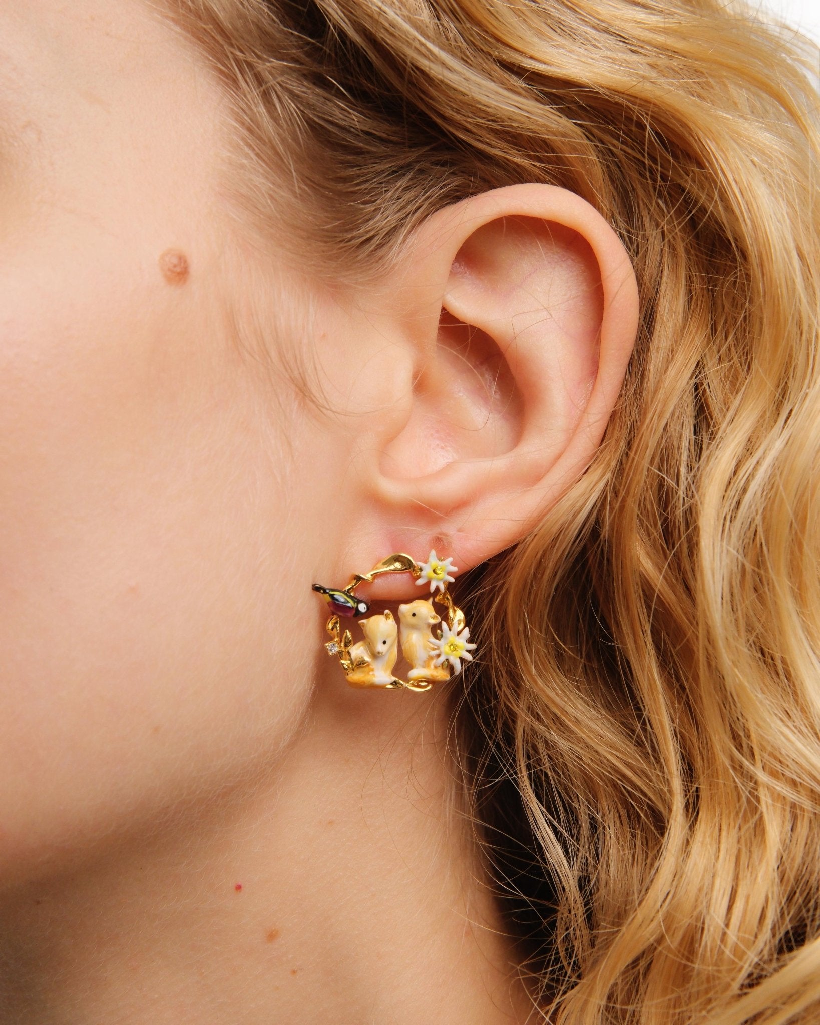 Asymmetrical Edelweiss Flower, Arctic Fox And Varied Tit Hoop Earrings | AULA1051 - Les Nereides