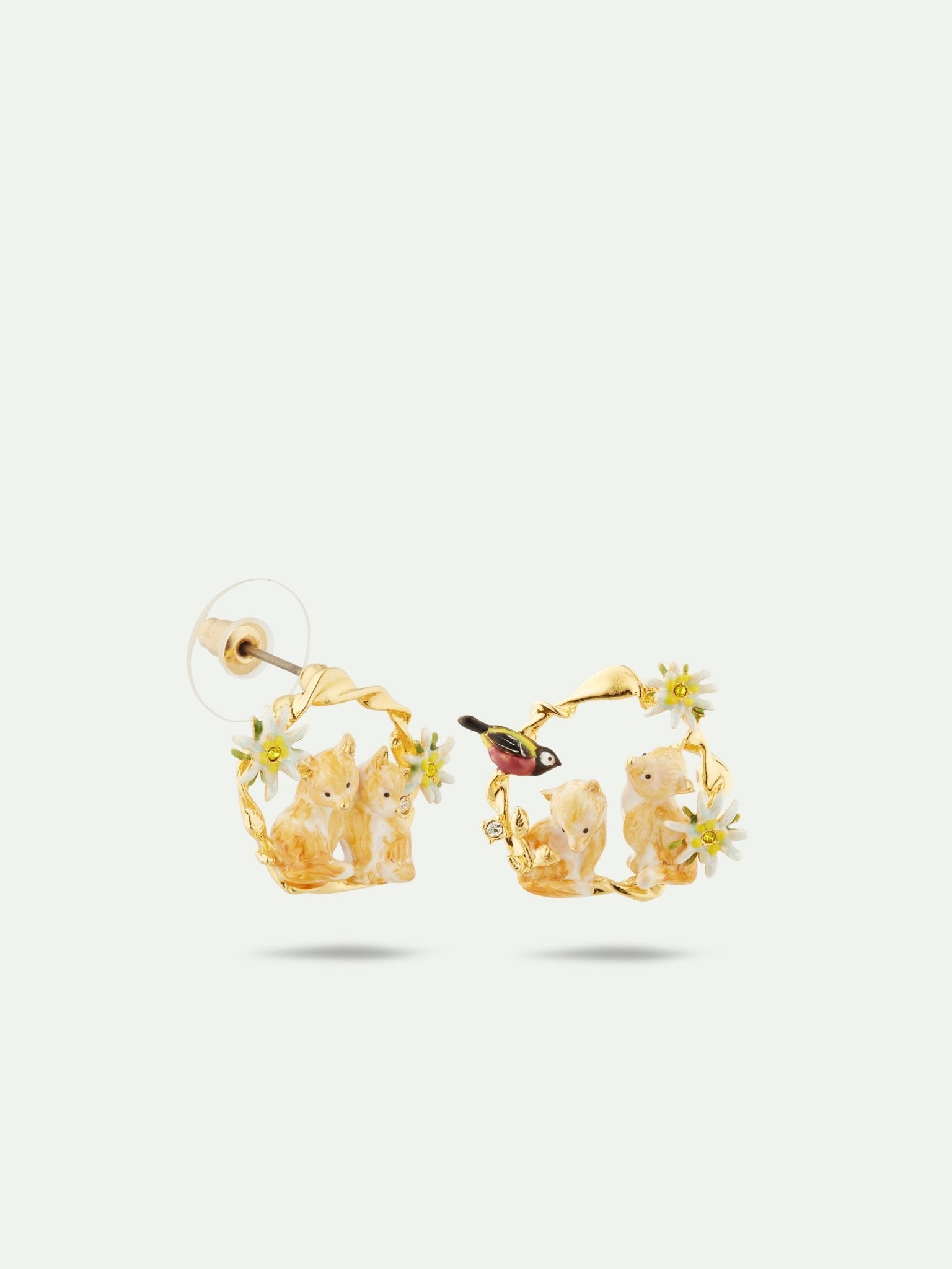 Asymmetrical Edelweiss Flower, Arctic Fox And Varied Tit Hoop Earrings | AULA1051 - Les Nereides