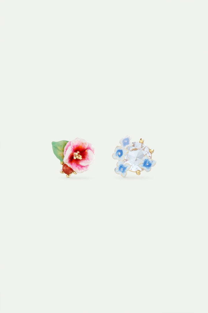 Asymmetrical enamelled hydrangea flower and lavender - coloured round stone earrings | AVJH1031 - Les Nereides