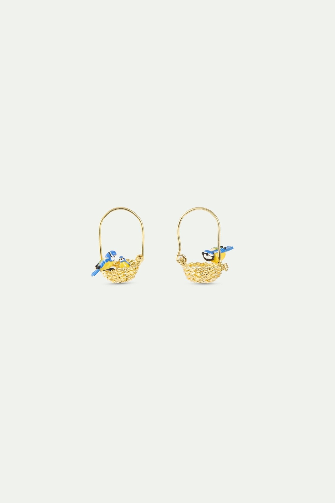 Asymmetrical Hook Earrings With Gold Nest And Blue And Yellow titmice | AXAM1091 - Les Nereides