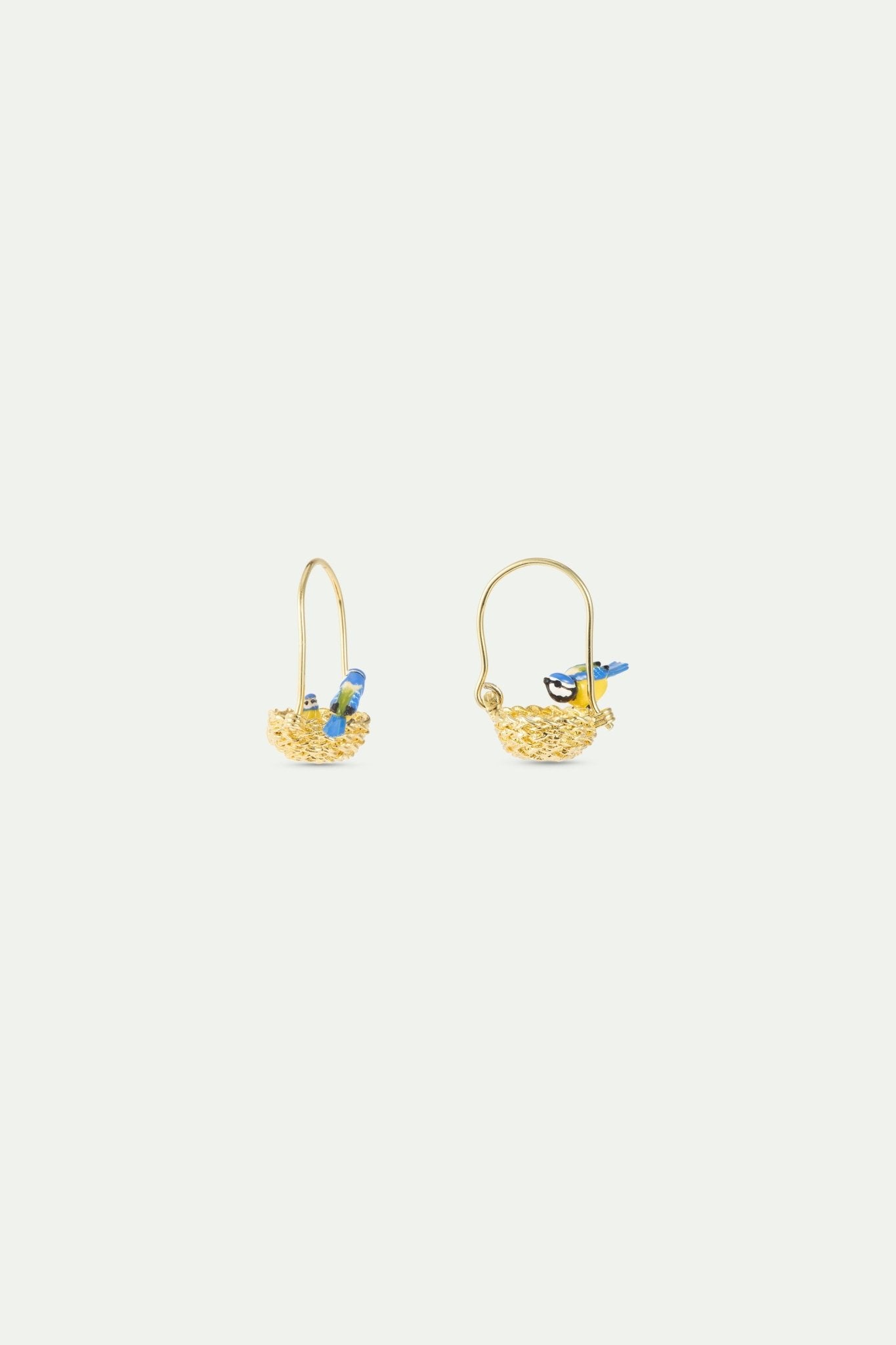 Asymmetrical Hook Earrings With Gold Nest And Blue And Yellow titmice | AXAM1091 - Les Nereides