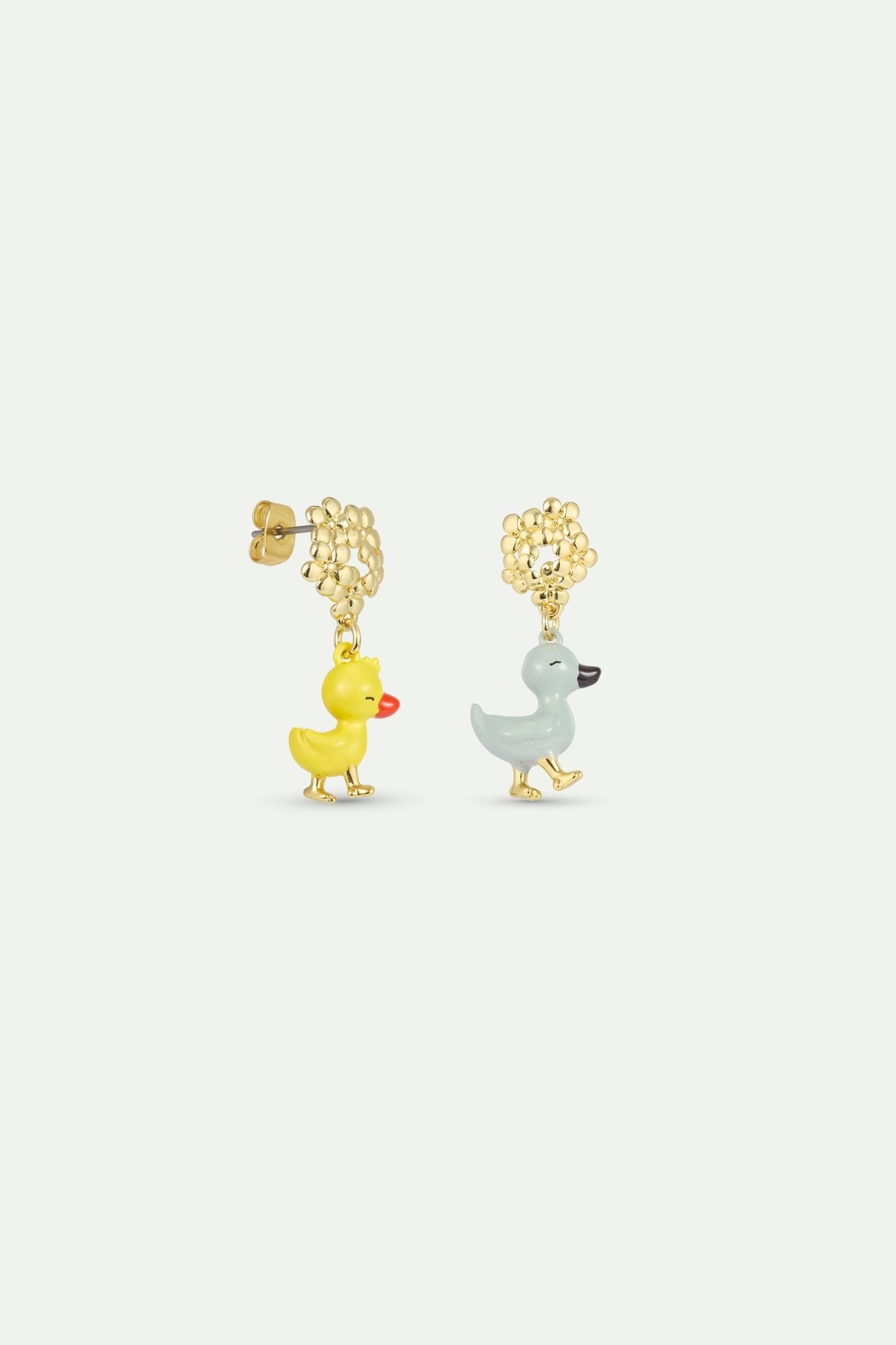 Asymmetrical Little Duck Earrings In Yellow And Blue, With Gold Flowers | AXFB1021 - Les Nereides