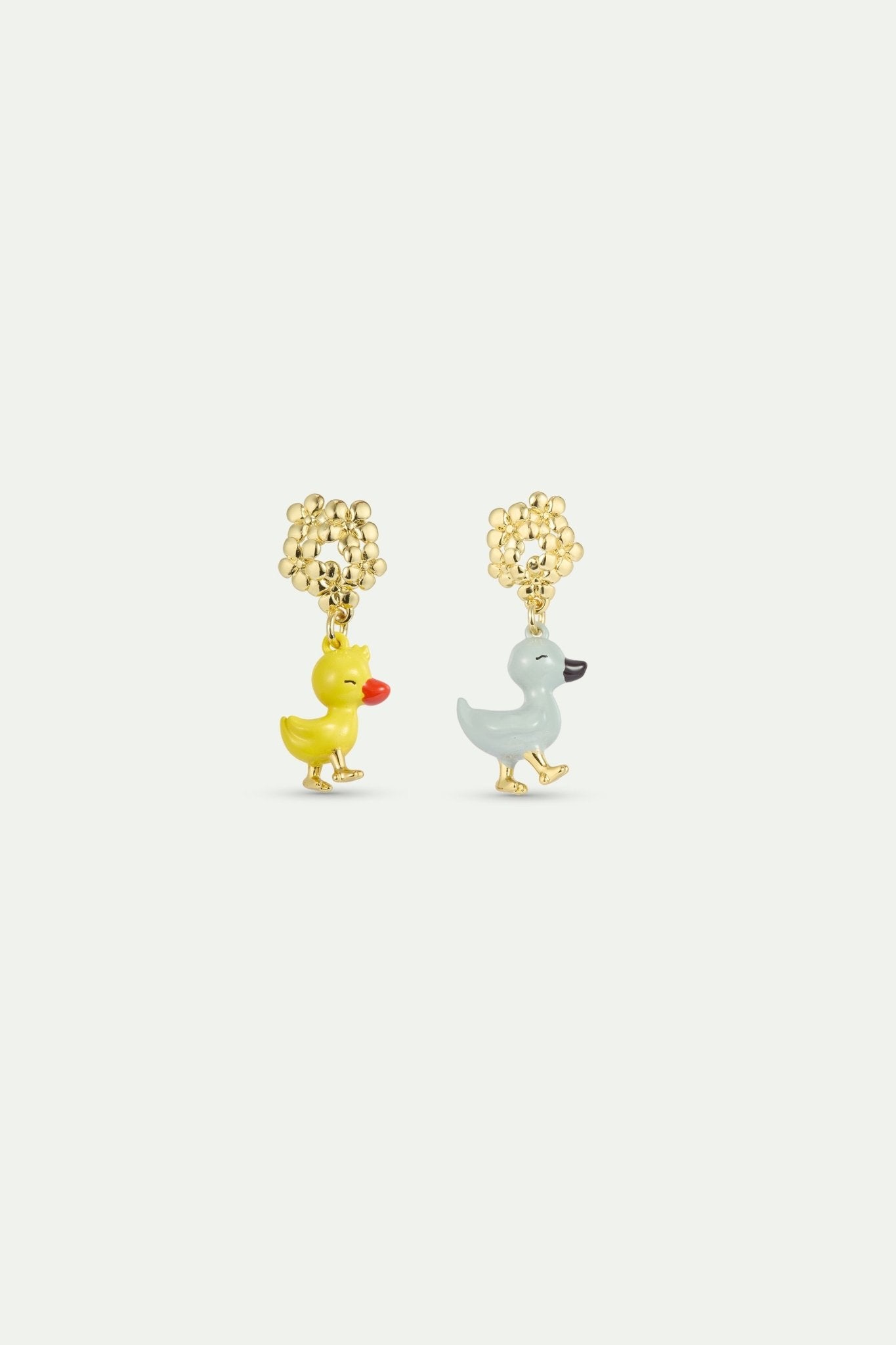 Asymmetrical Little Duck Earrings In Yellow And Blue, With Gold Flowers | AXFB1021 - Les Nereides