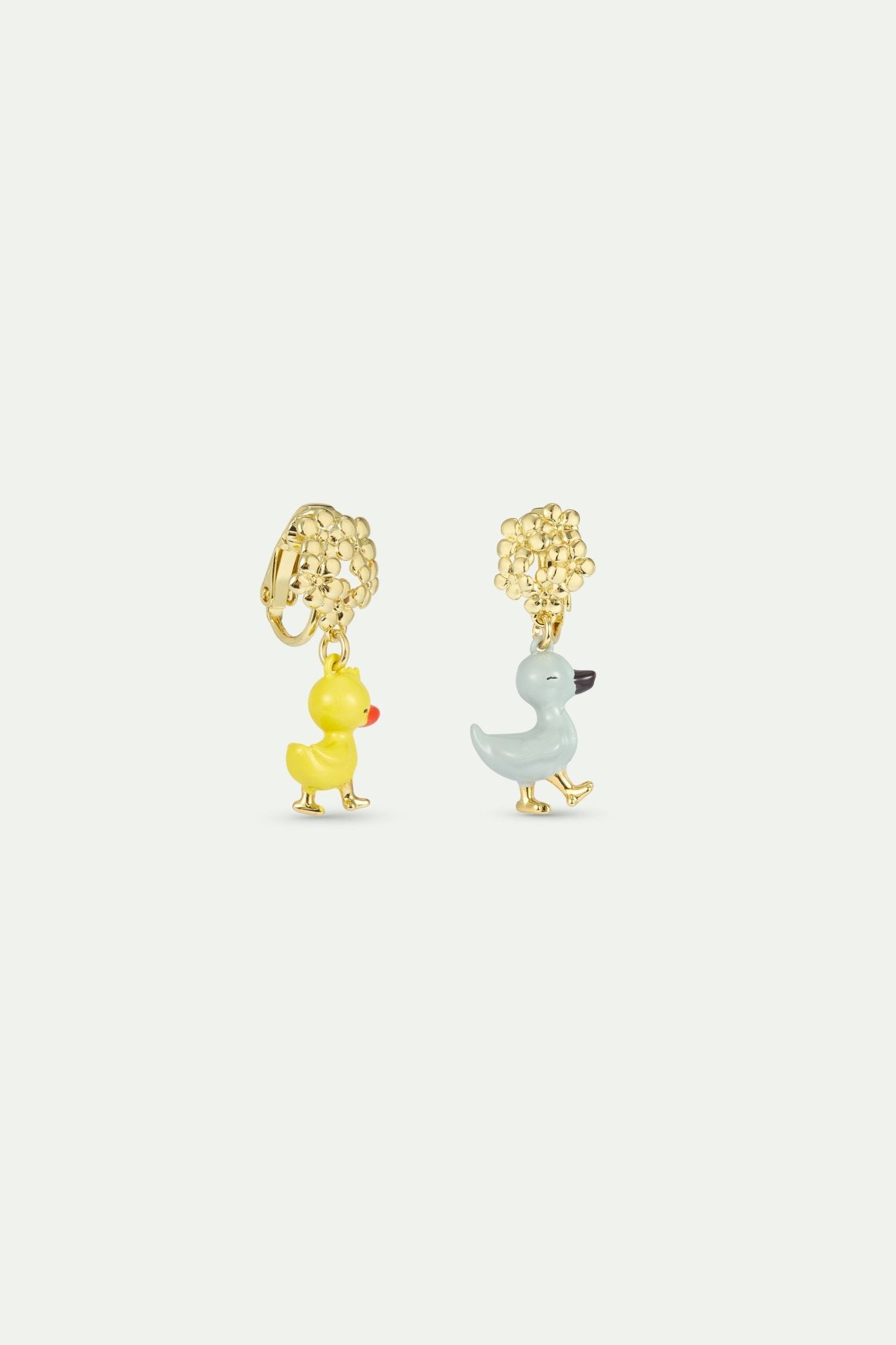 Asymmetrical Little Duck Earrings In Yellow And Blue, With Gold Flowers | AXFB1021 - Les Nereides