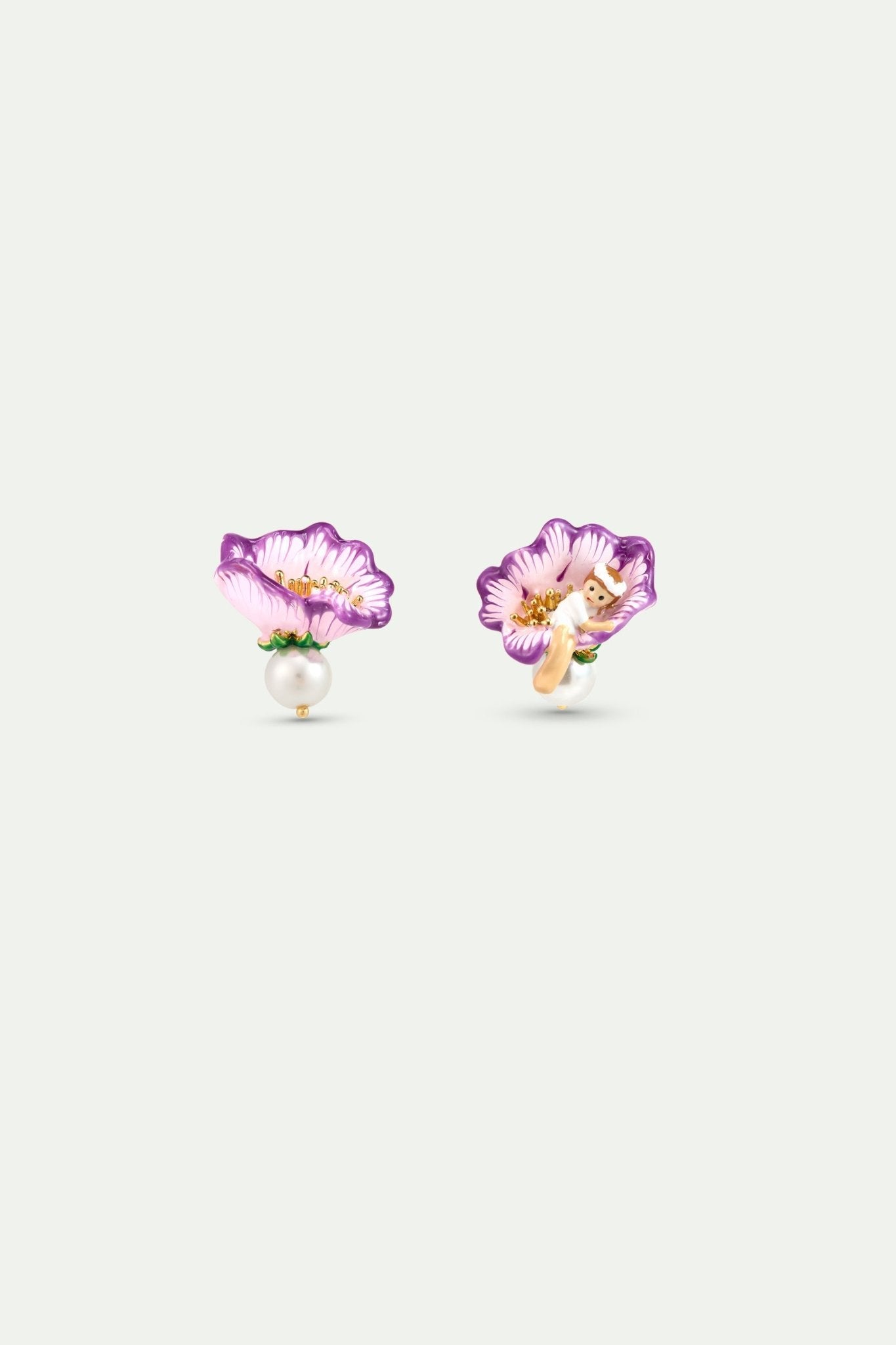 Asymmetrical Mauve Flower Earrings, Thumbelina And Imitation Pearl | AYCN1041 - Les Nereides