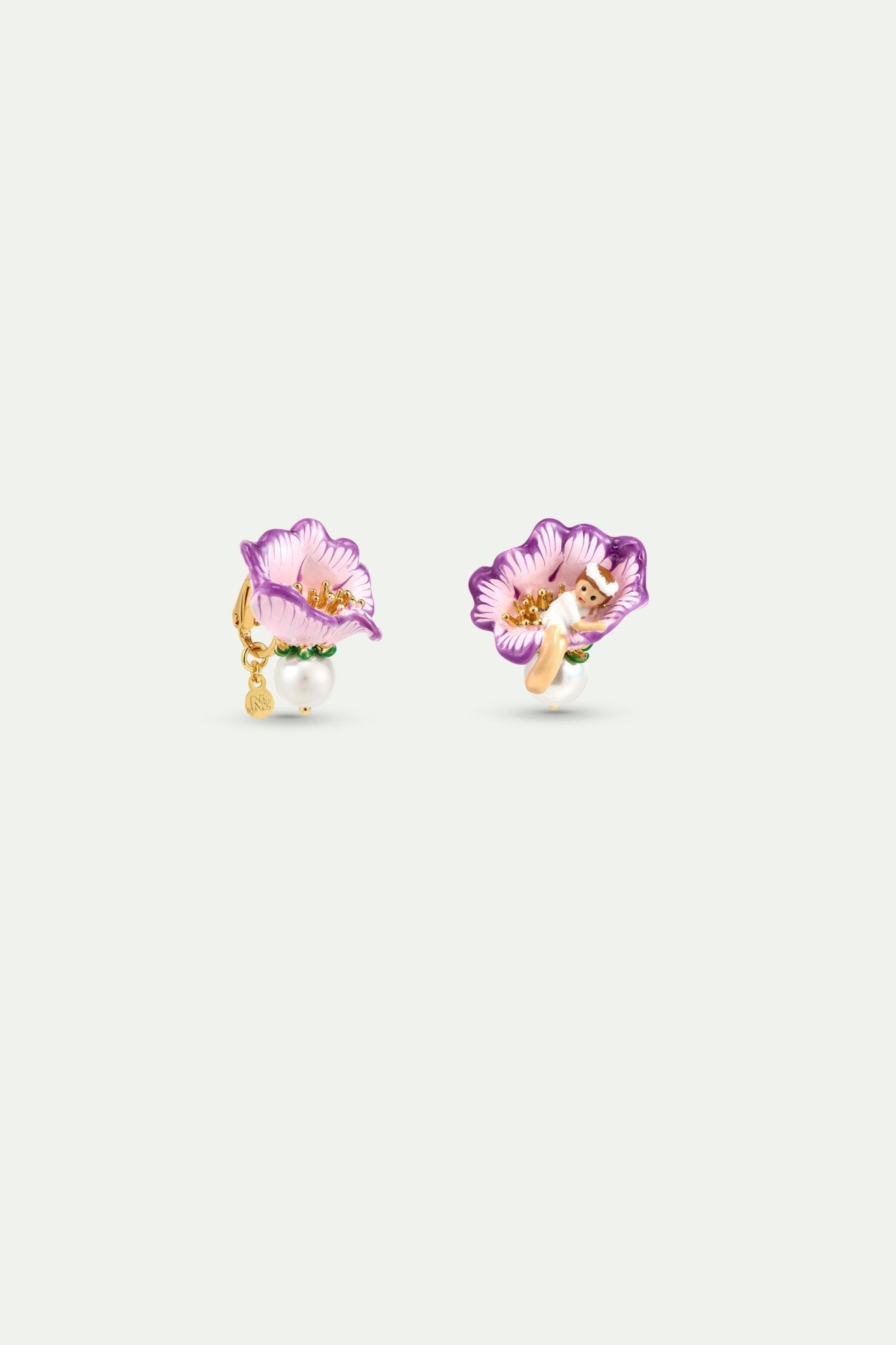 Asymmetrical Mauve Flower Earrings, Thumbelina And Imitation Pearl | AYCN1041 - Les Nereides