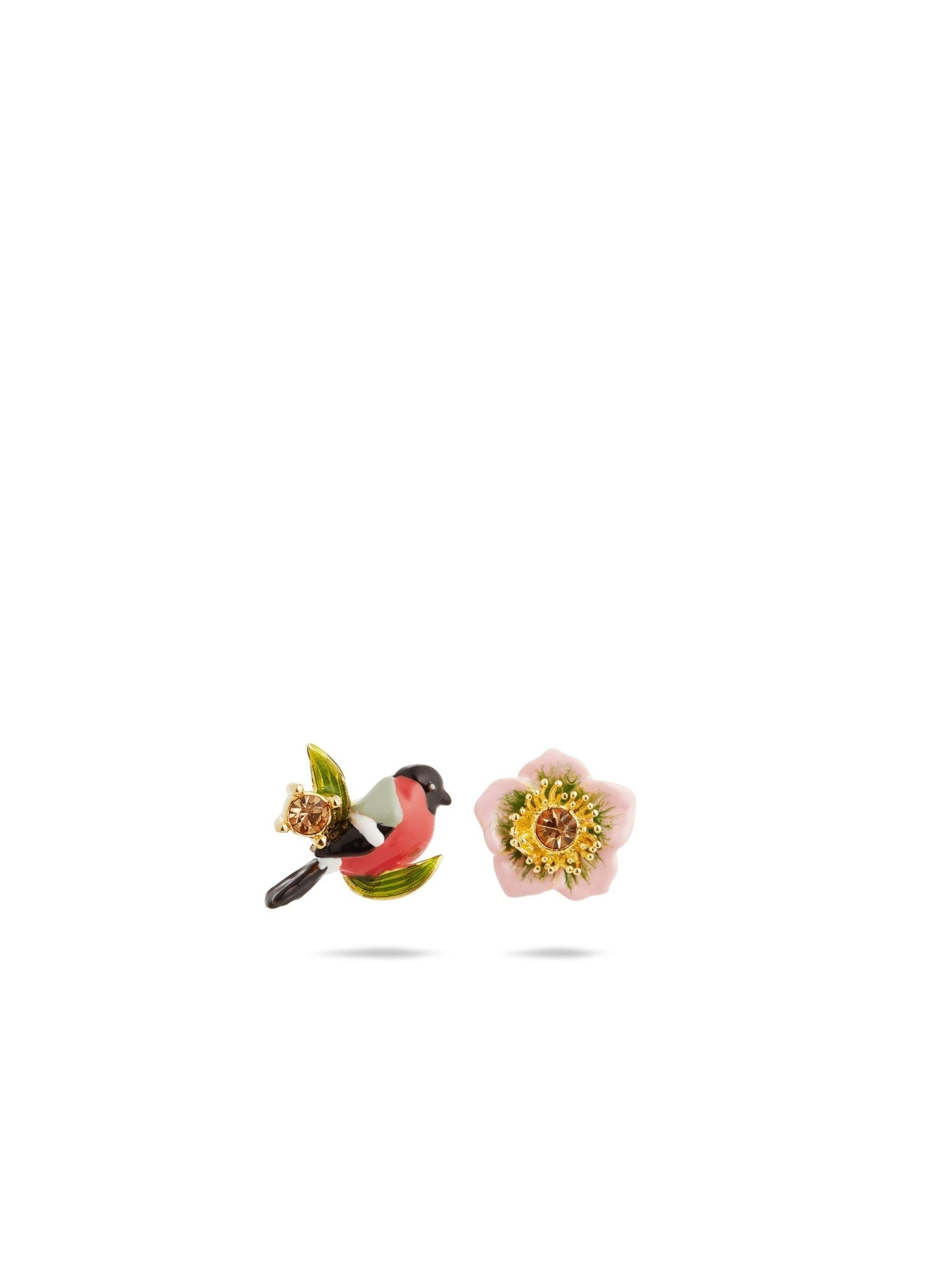 Asymmetrical Pink Hellebore & Red Bird Earrings | AUVH1031 - Les Nereides