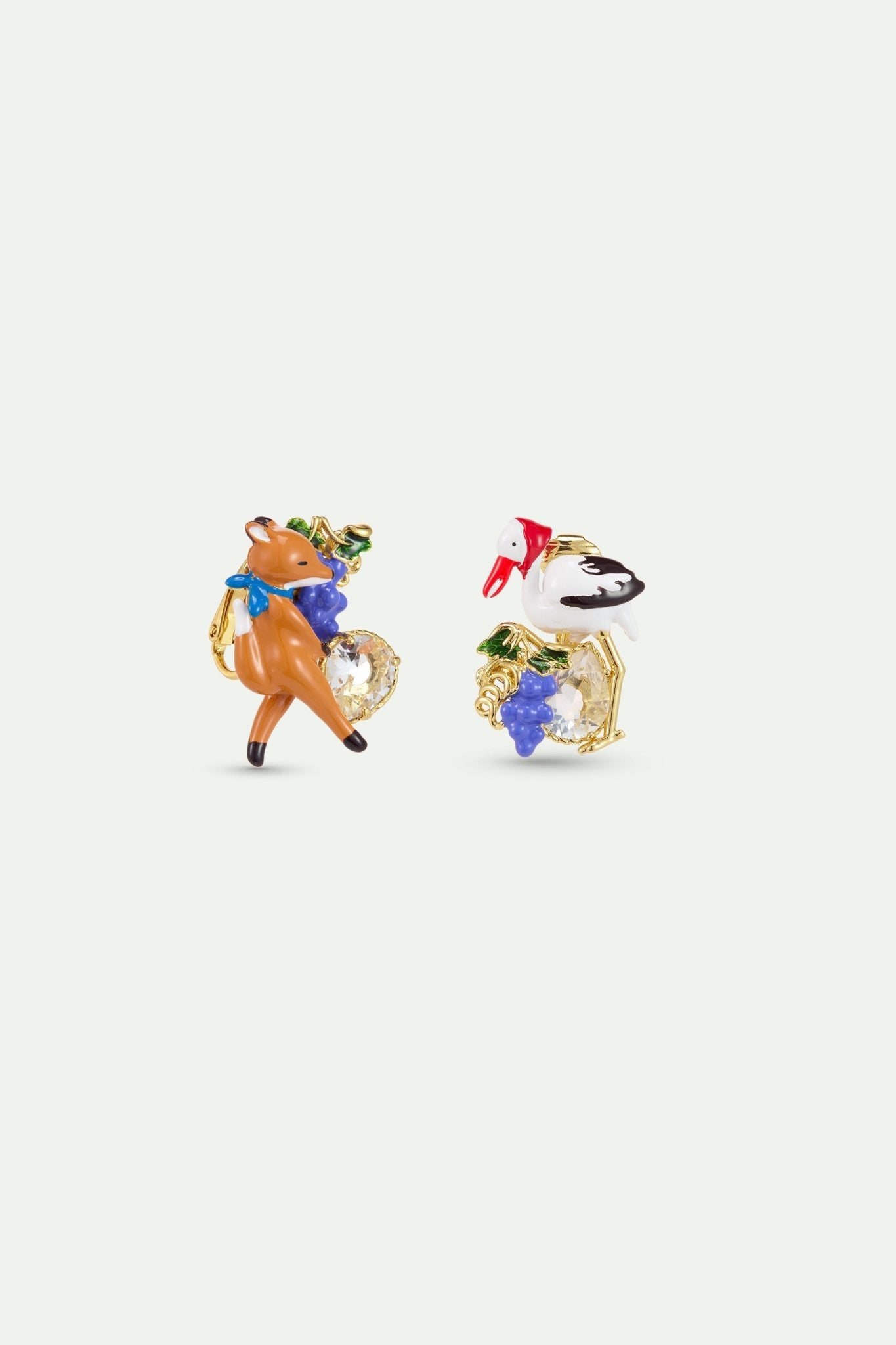 Asymmetrical “The Fox And The Stork” Earrings, With Grapes And Faceted Glass | AYFB1031 - Les Nereides