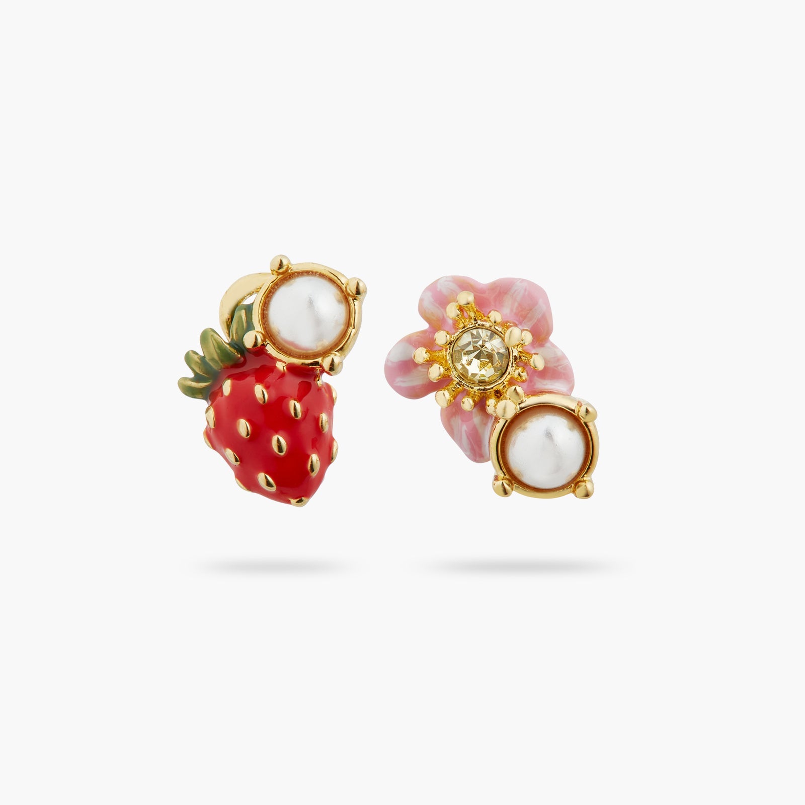 Asymmetrical Wild Strawberry And Pink Flower Earrings | ATBG1061 - Les Nereides