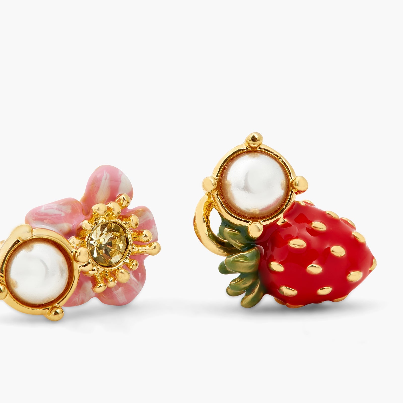 Asymmetrical Wild Strawberry And Pink Flower Earrings | ATBG1061 - Les Nereides