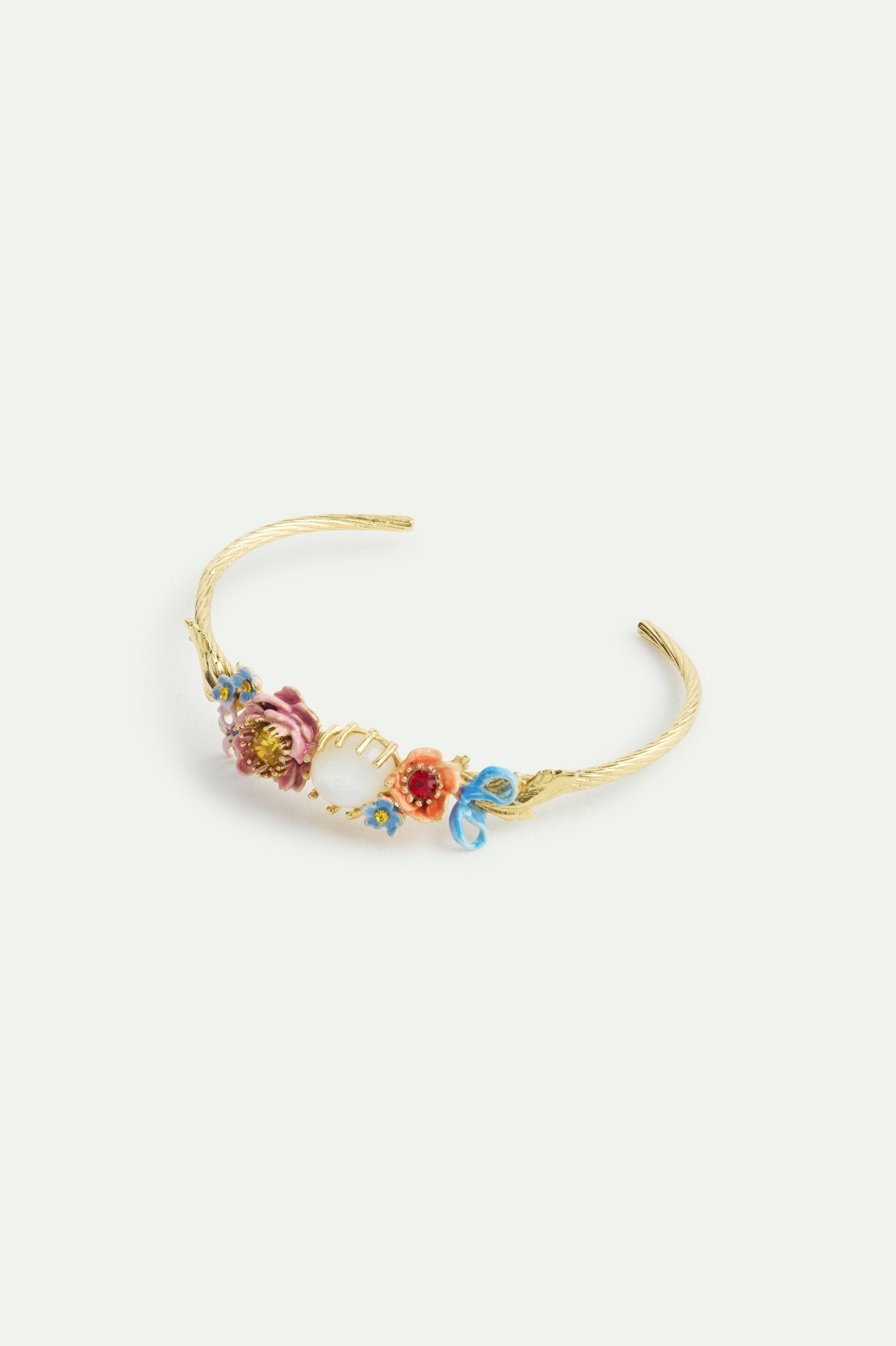 Bangle bracelet adorned with pink and blue flower and mother of pearl round stone | AVVE2011 - Les Nereides