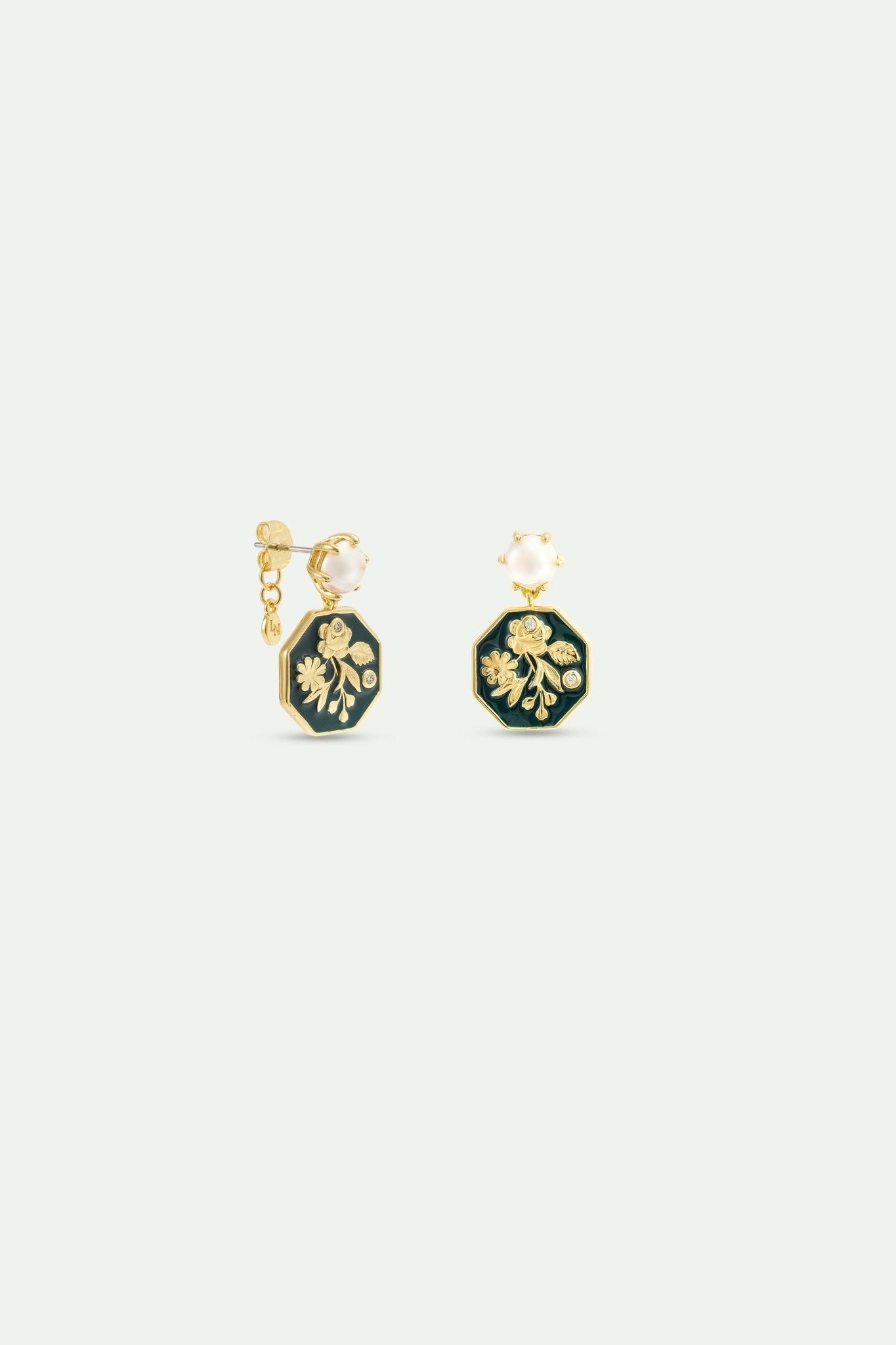 Black And Gold Peony Medallion Earrings With Cultured Pearls | AYOP1061 - Les Nereides